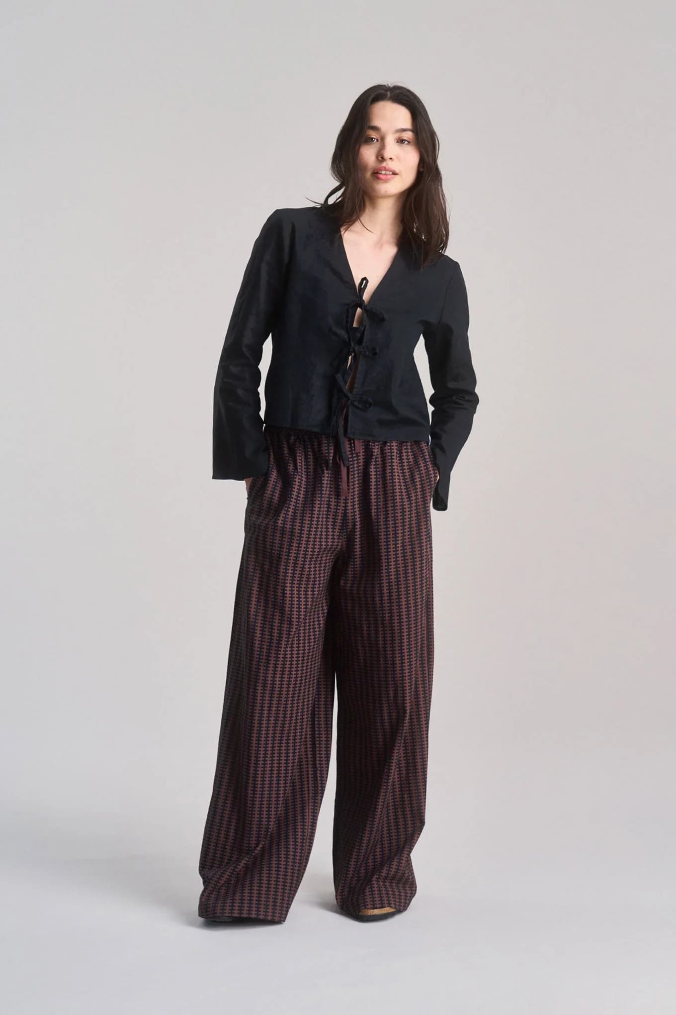 Organic Cotton Cheesecloth Trousers Brown Stripe