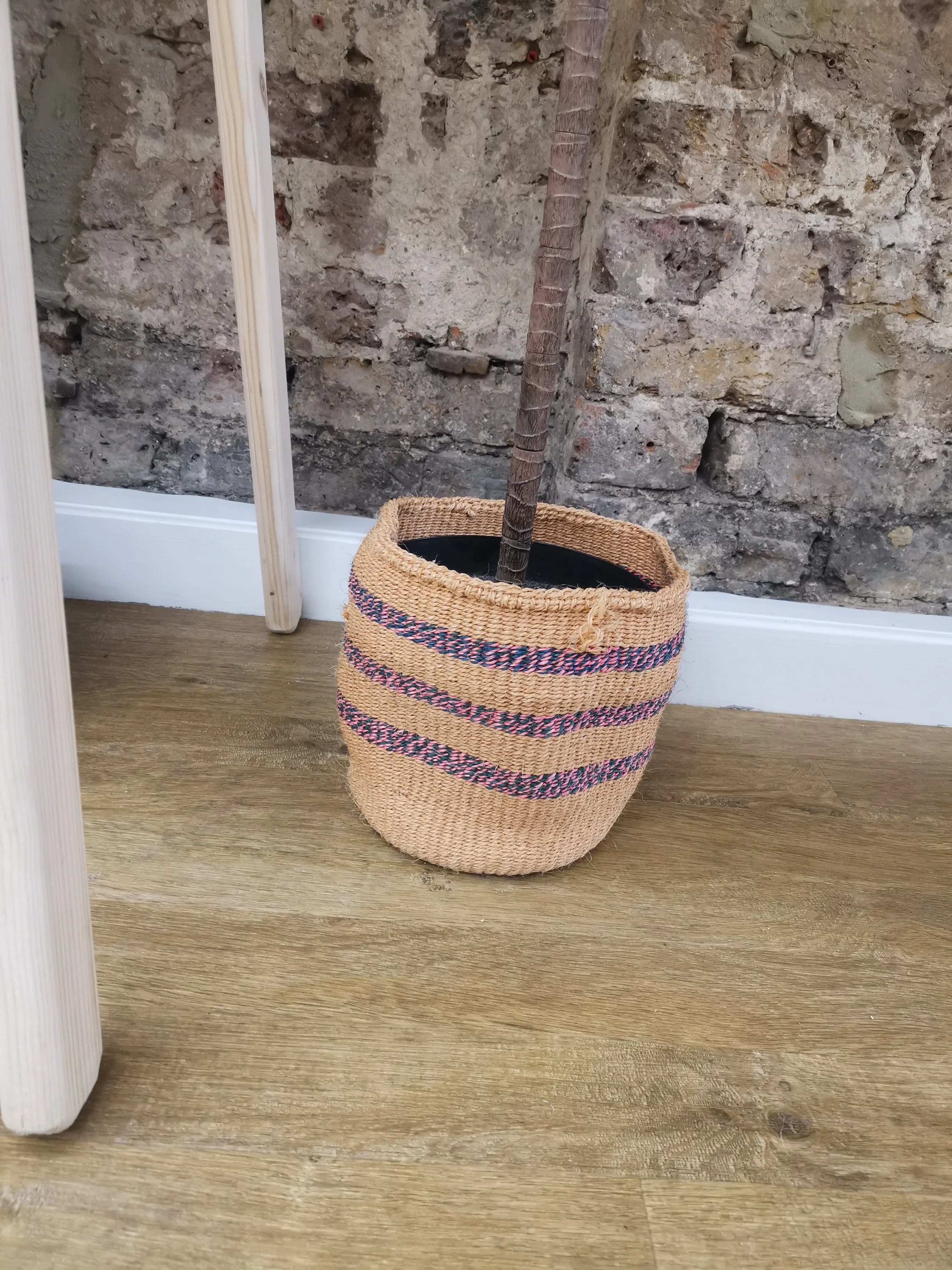 Natural Basket with Pink and Blue Stripe – image 1