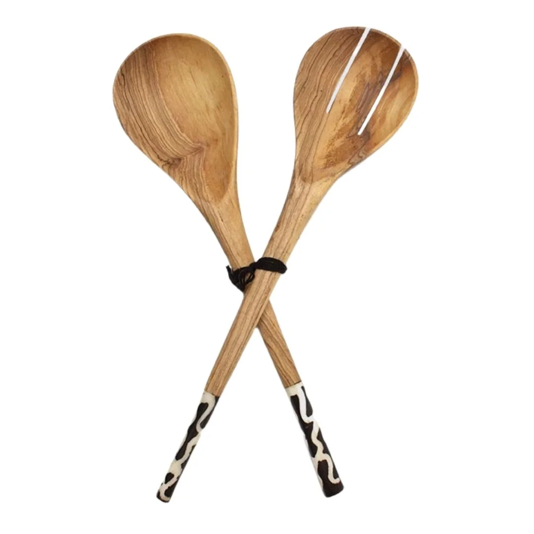 Olive Wood & Bone Batik Salad Servers