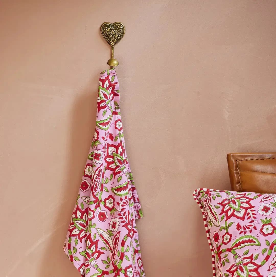Pink Floral Block Print Tea Towel – image 1