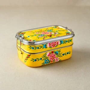Yellow Floral Garland | Stainless Steel – Hand-Painted Tiffin-Style Lunchbox