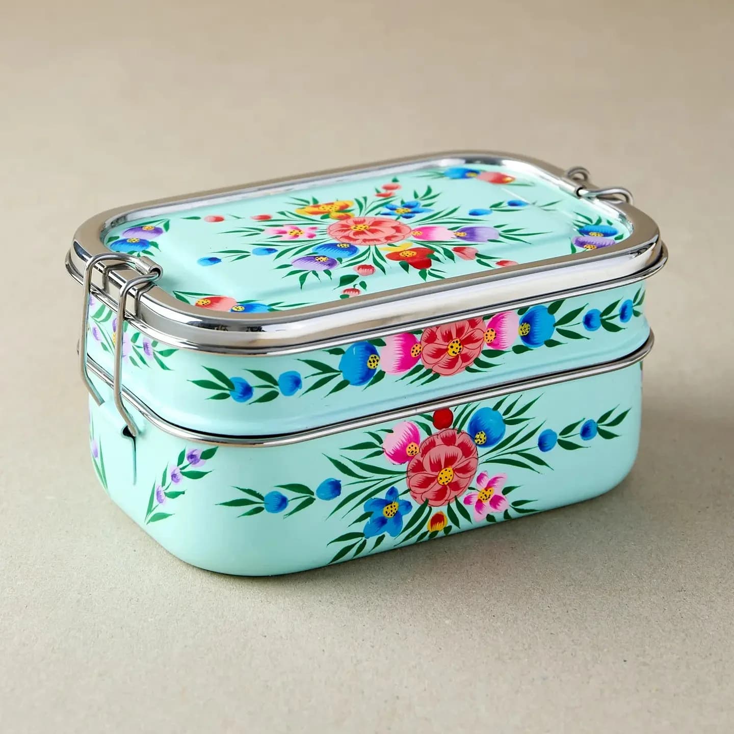 Turquoise Floral Garland | Stainless Steel – Hand-Painted Tiffin-Style Lunchbox