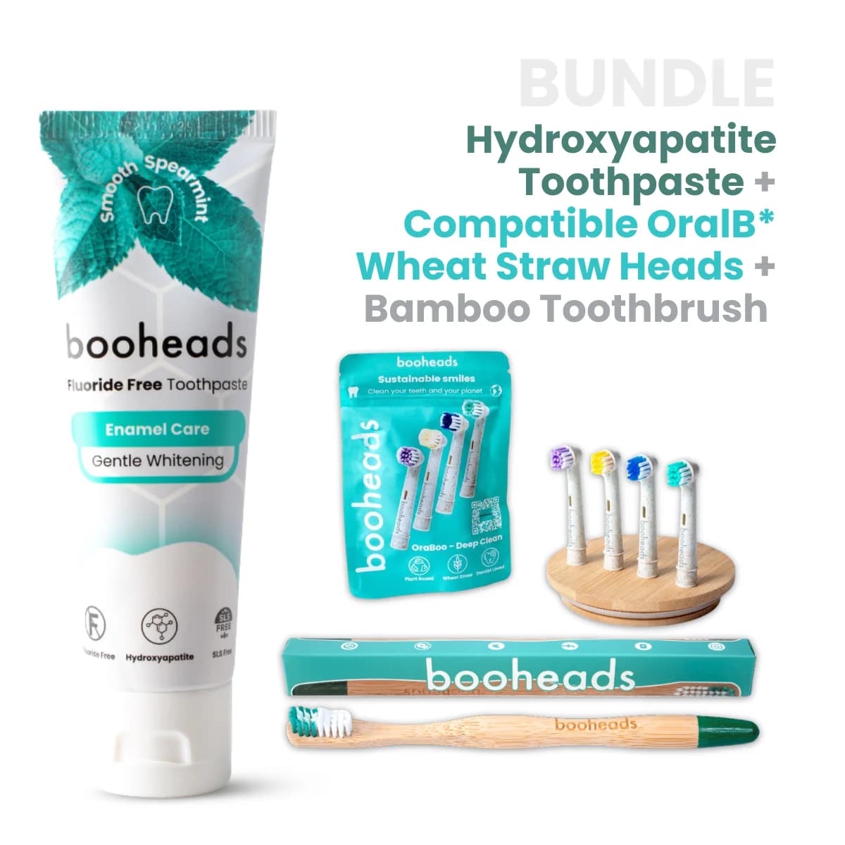 Hydroxyapatite Toothpaste + Plant Based Heads Compatible with OralB* + Bamboo Toothbrush Bundle