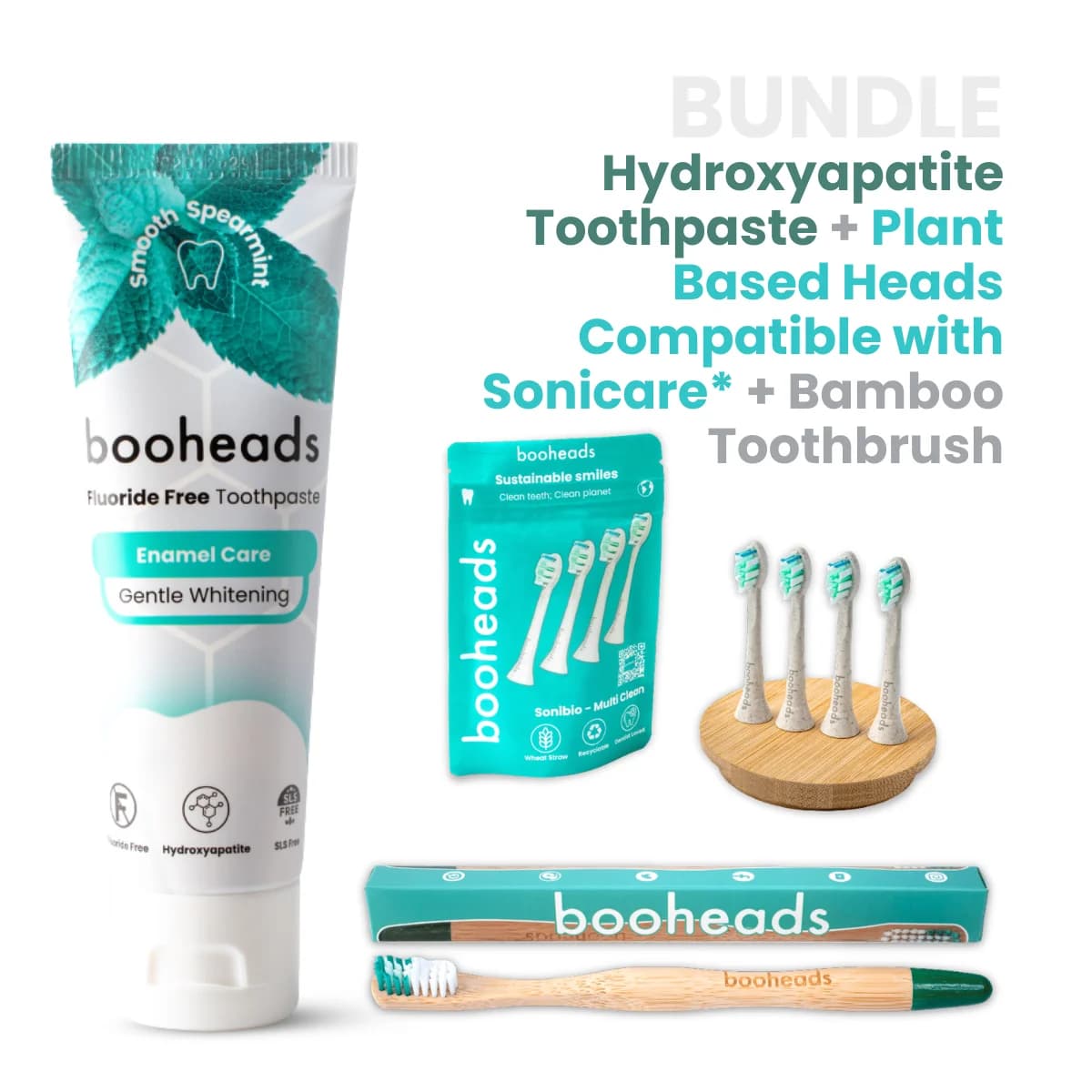 Hydroxyapatite Toothpaste + Plant Based Heads Compatible with Sonicare* + Bamboo Toothbrush Bundle