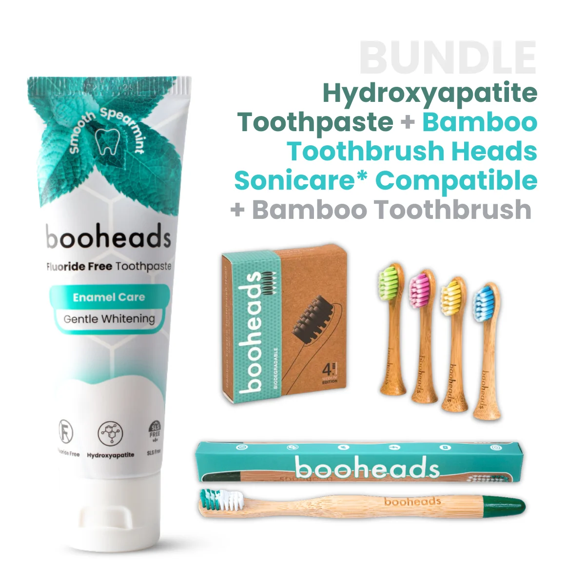 Hydroxyapatite Toothpaste + Plant Based Heads Compatible with Sonicare* + Bamboo Toothbrush Bundle