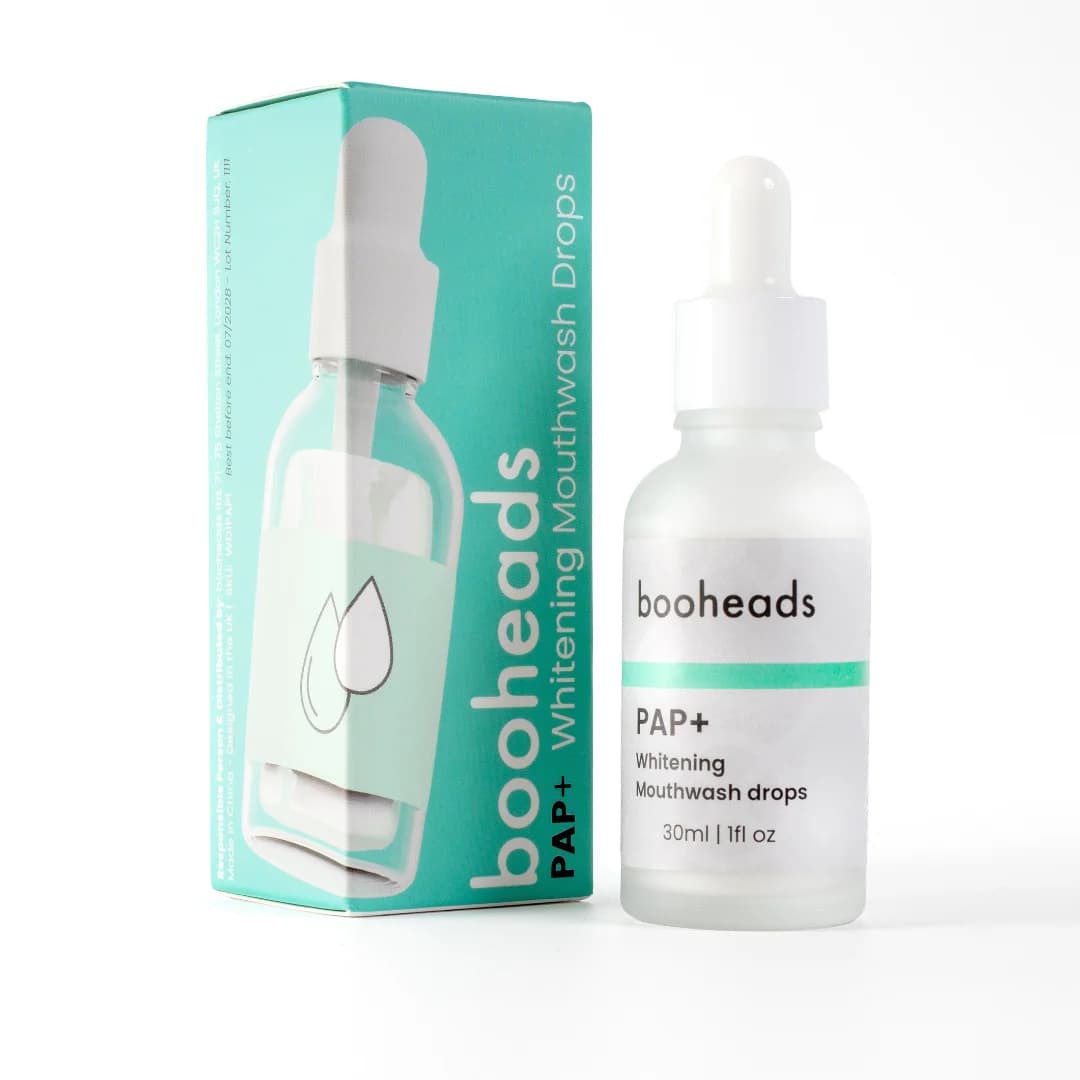 booheads PAP+ Whitening Mouthwash Drops 30ml frosted glass dropper bottle with key benefit call-outs