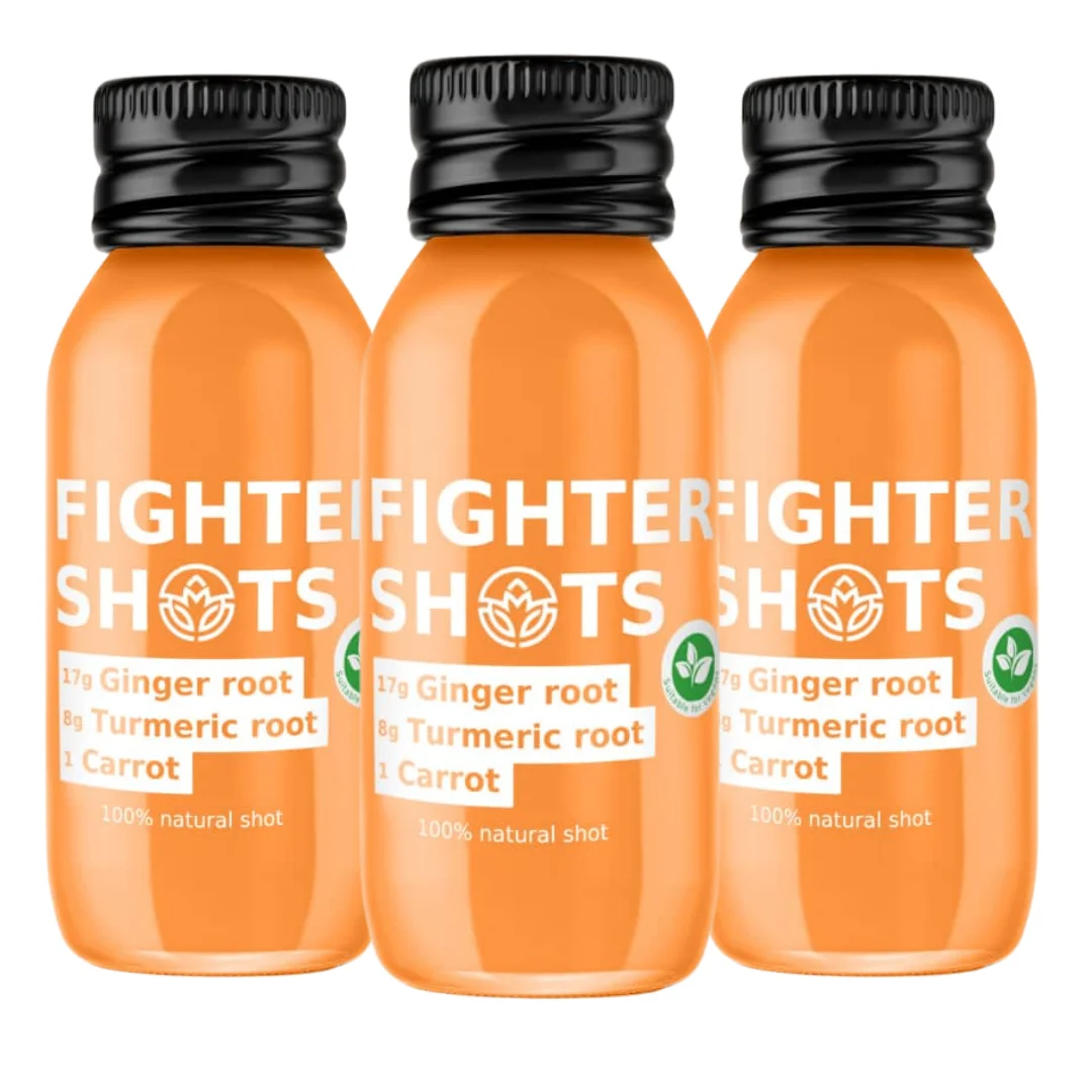 Fighter Shots Vegan Carrot + Ginger + Turmeric Wellness Shot | Cold-Pressed | 60ml | Single or 12-Pack (USA)