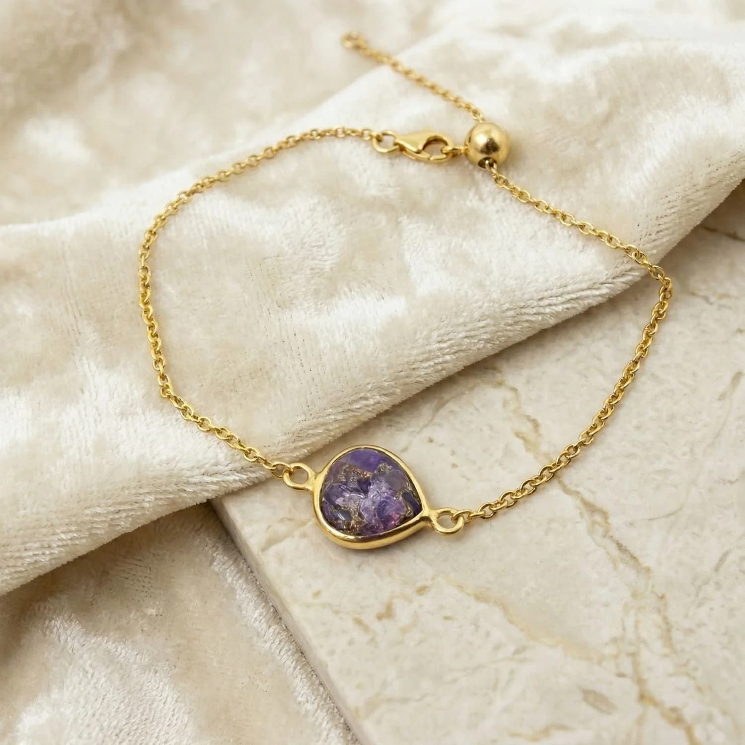 18ct Gold Vermeil Adjustable Amethyst Heart Birthstone Bracelet