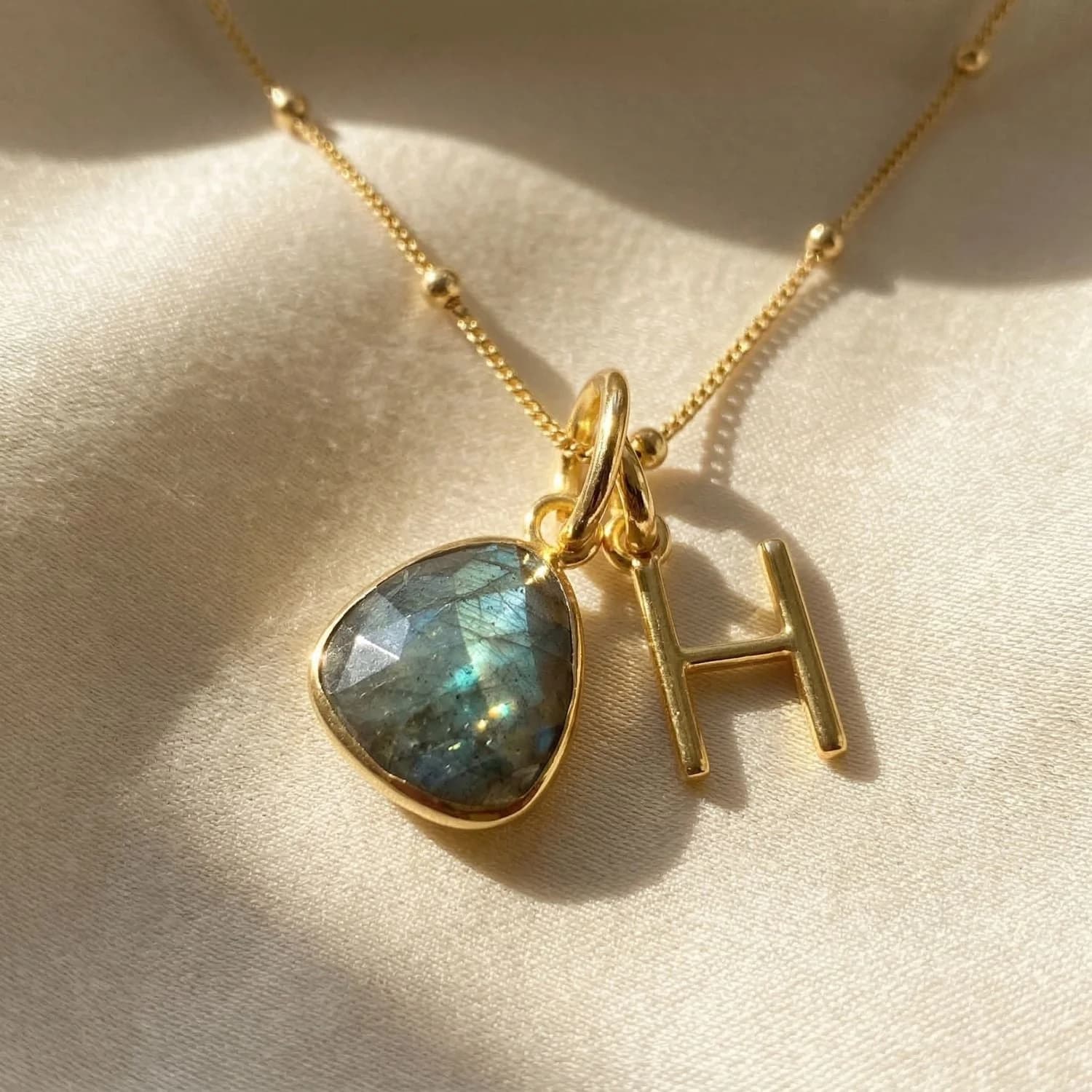 18ct Gold Vermeil Plated Labradorite Initial Necklace