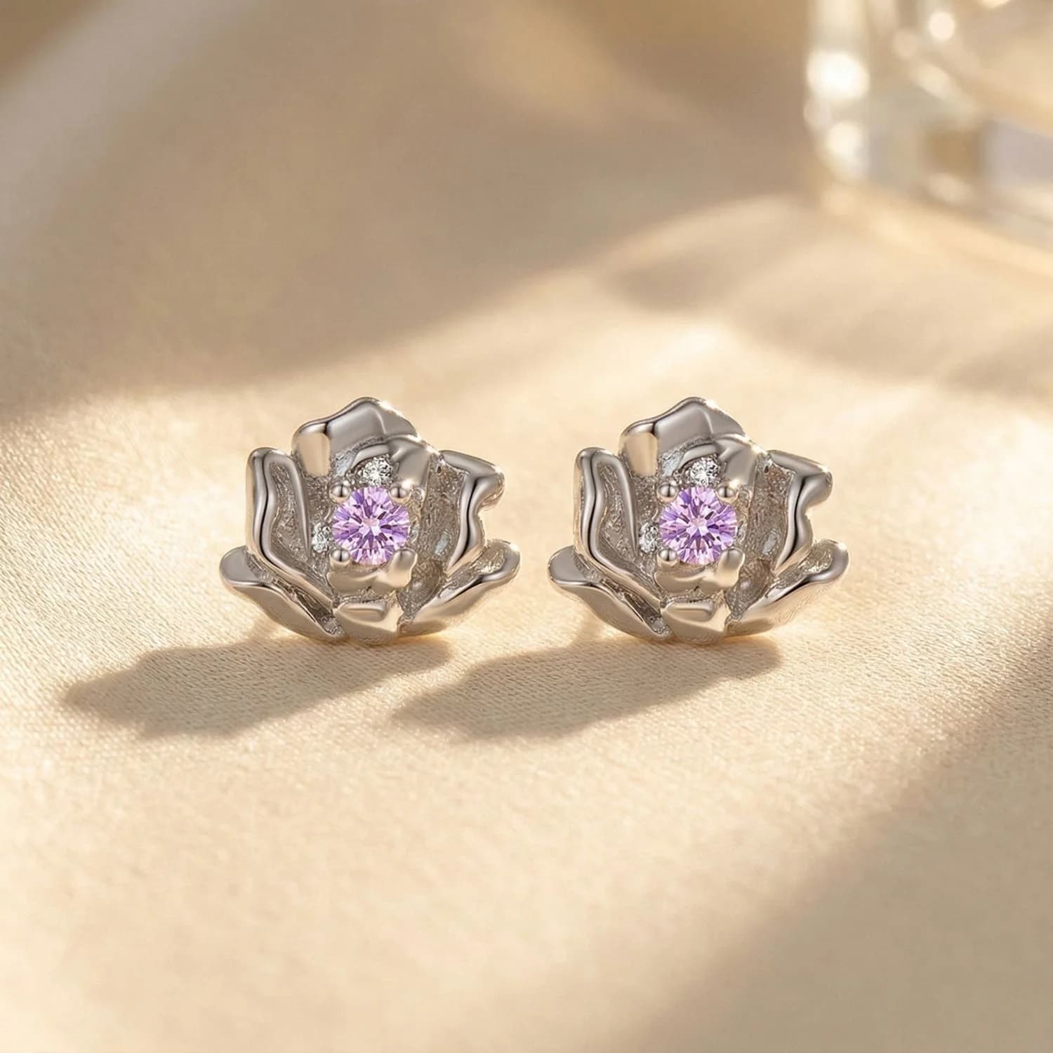 Alexandrite Rose Birthflower Sterling Silver Stud Earrings – image 1
