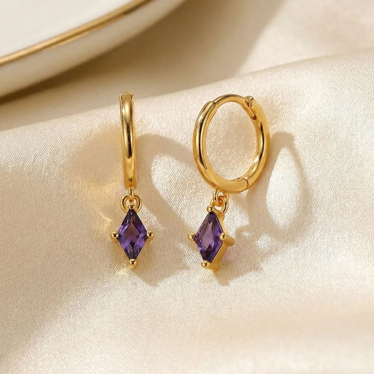 Amethyst February Birthstone Delicate Dangle Hoops