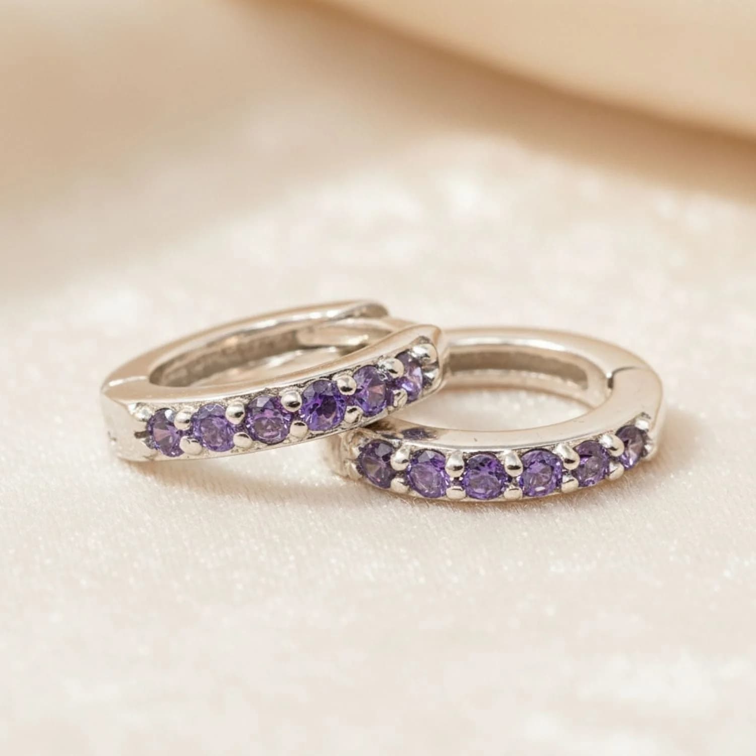 Amethyst February Birthstone Small Silver Huggie Hoops – image 1