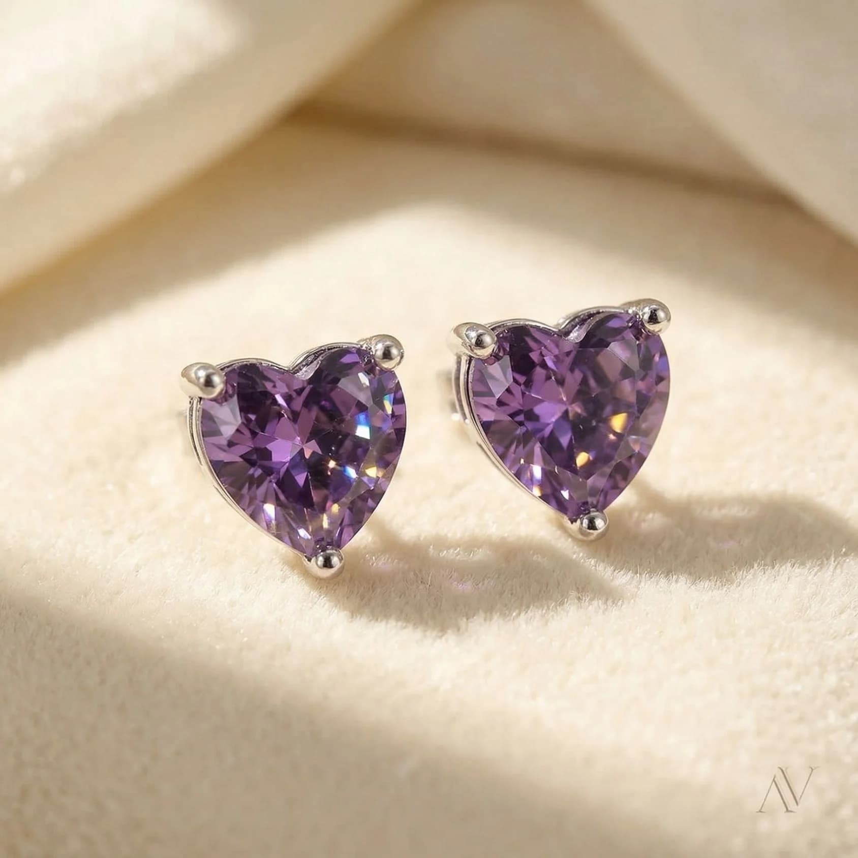 Amethyst Heart Sterling Silver Stud Earrings – image 1