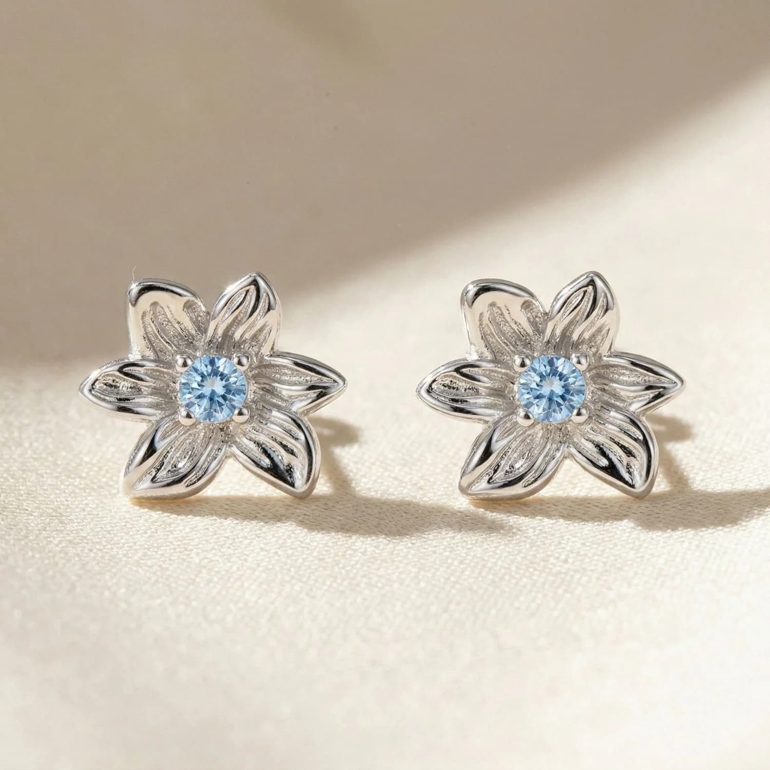 Sterling Silver Aquamarine March Birthstone Daffodil Birthflower Stud Earrings
