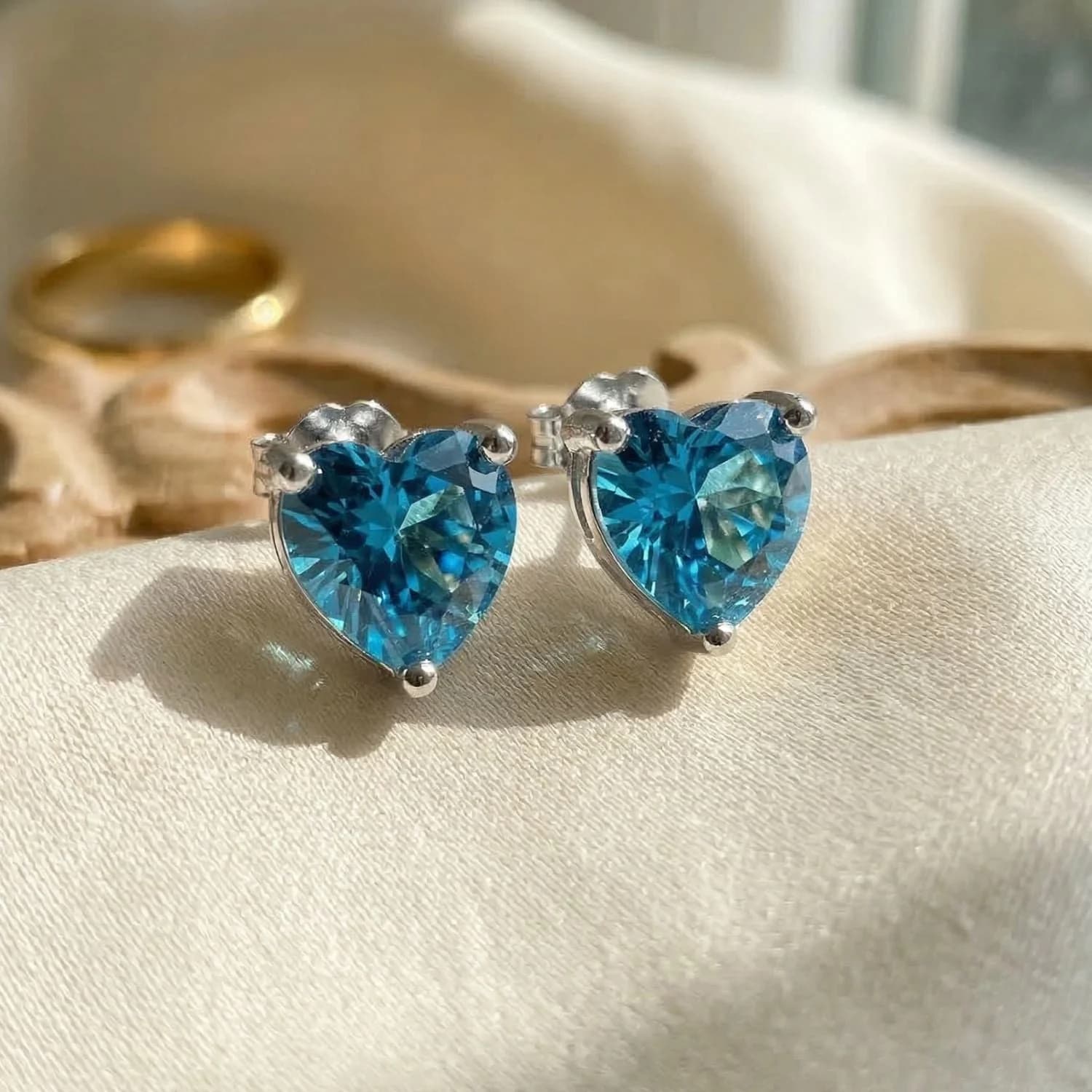 Blue Topaz Heart Sterling Silver Stud Gemstone Earrings – image 1