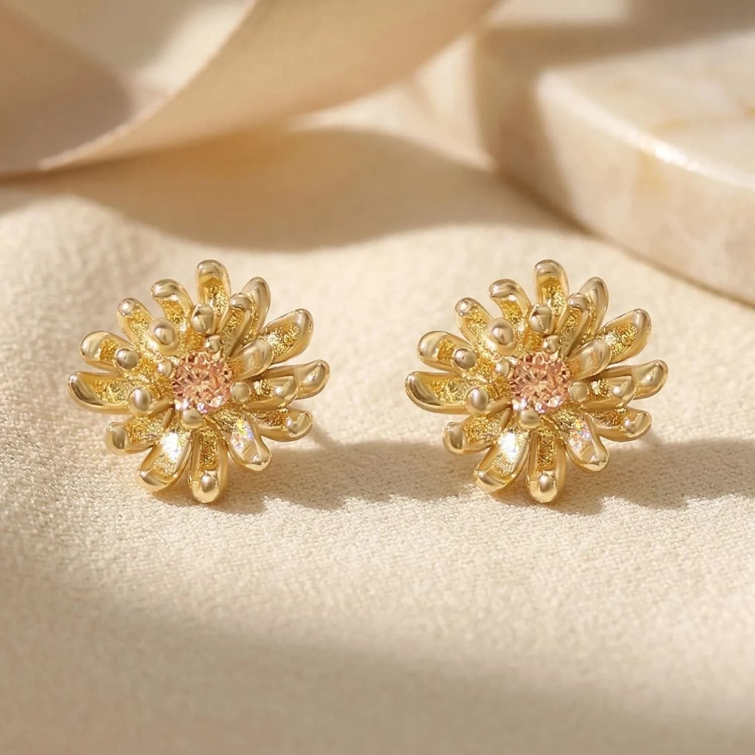 Citrine Chrysanthemum Gold Plated Stud Earrings – image 1