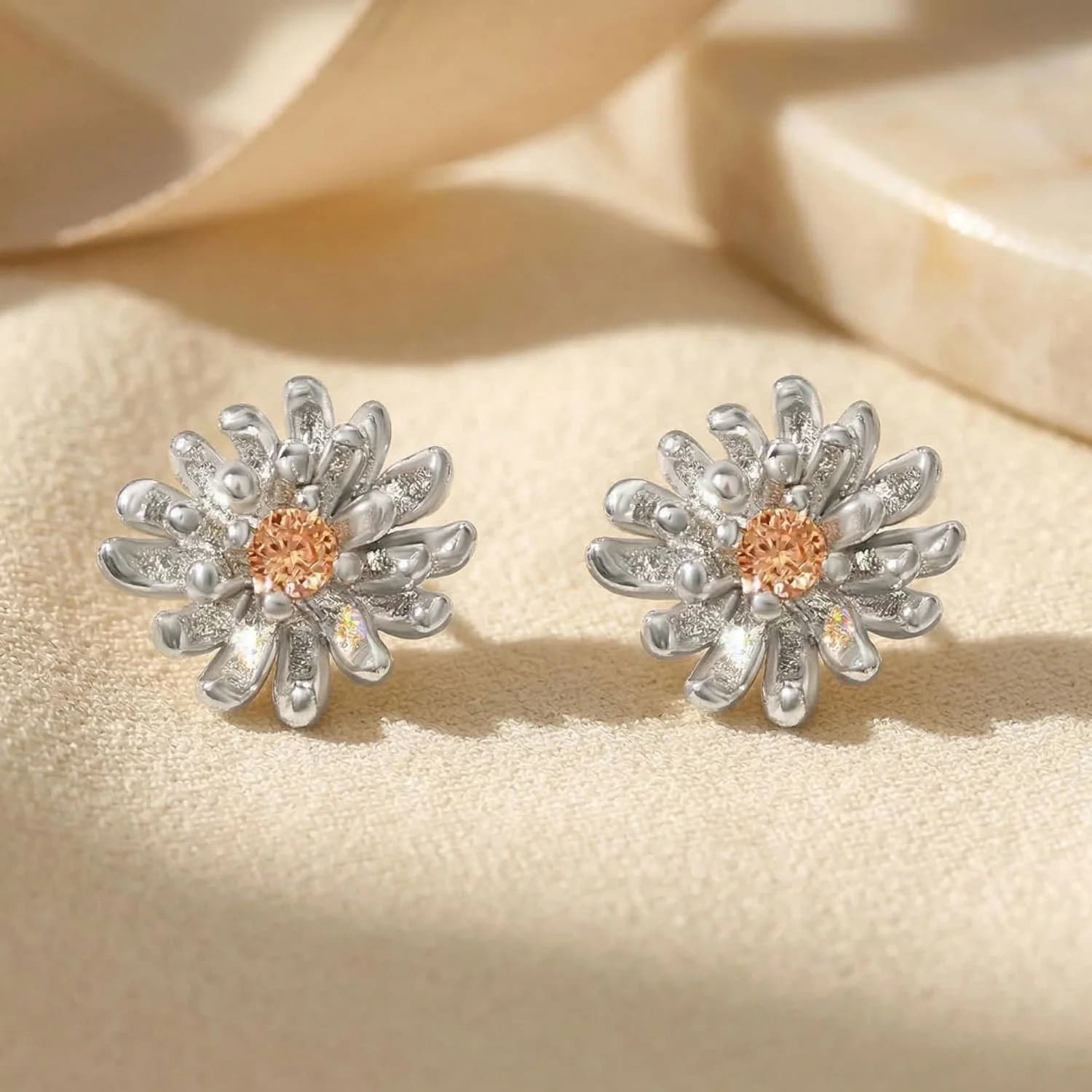 Citrine Chrysanthemum Birthflower Sterling Silver Stud Earrings – image 1