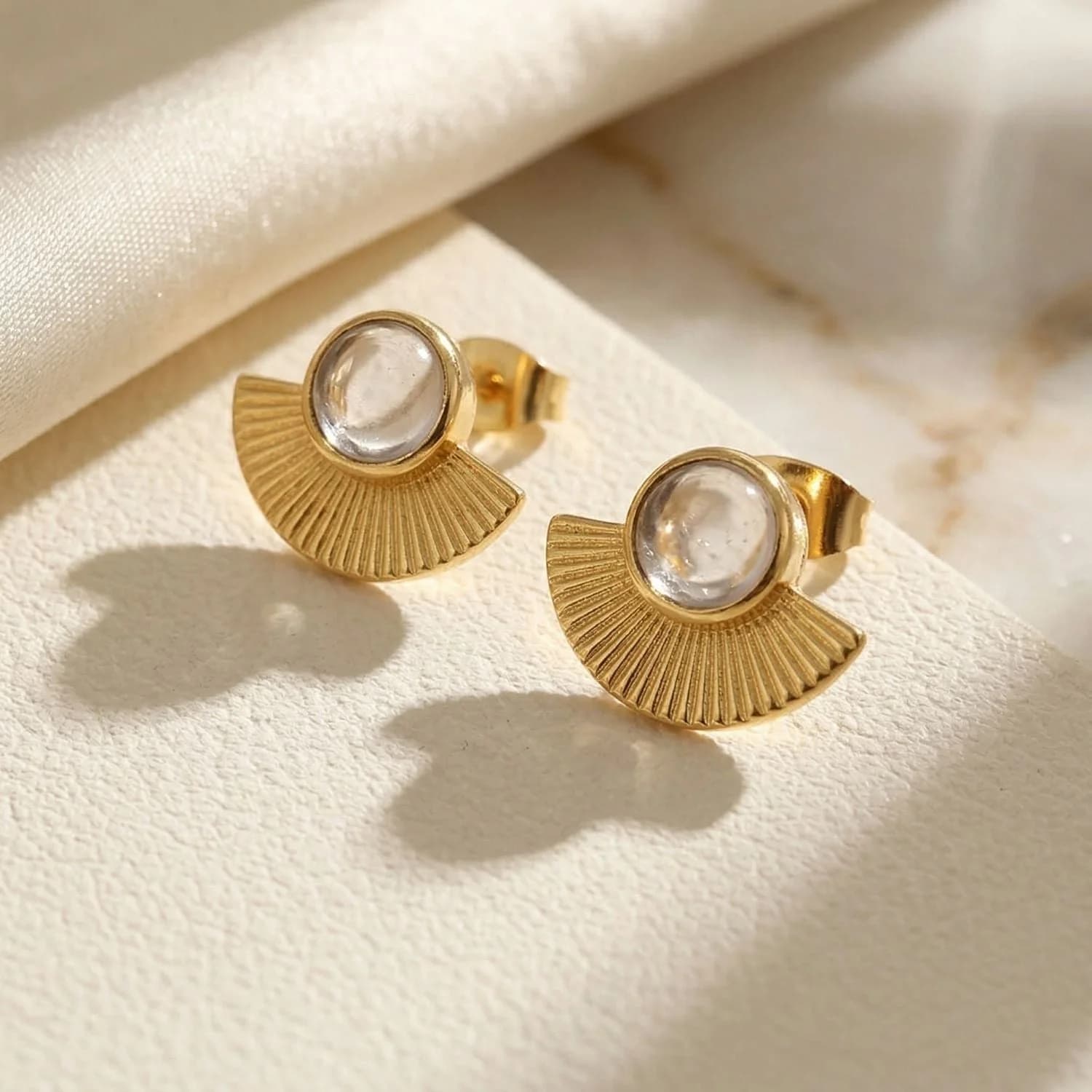 Clear White Topaz Crystal Gold Plated Minimalist Fan Earrings