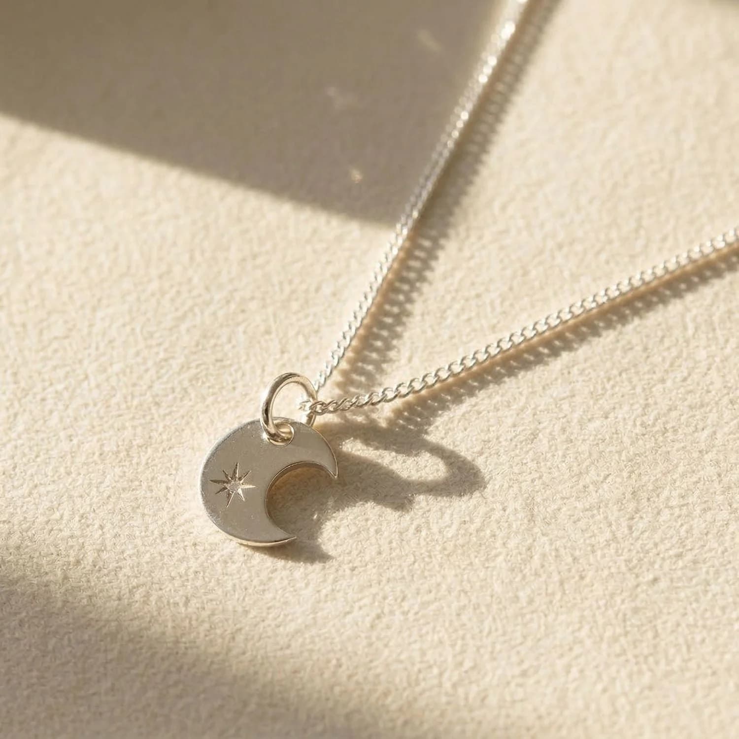 Crescent Moon Charm Wtih Star Sterling Silver Necklace