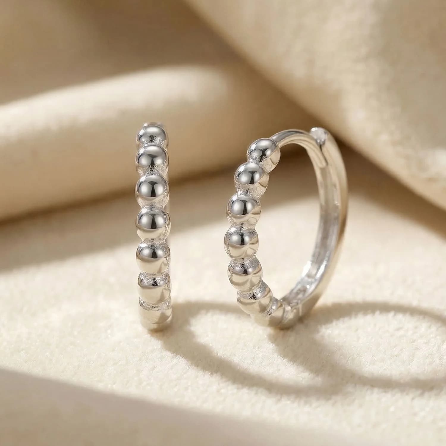 Dainty Beaded Huggie Hoop Sterling Silver Earrings