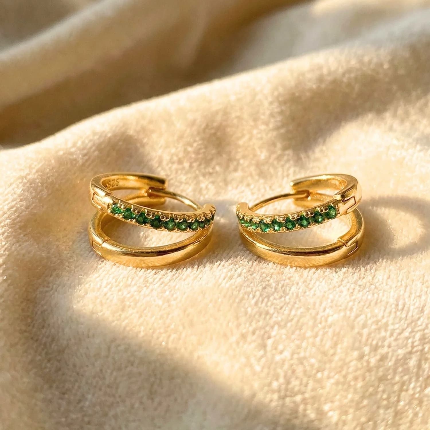 Emerald May Birthstone Double Hoop Huggie Gold Plated Earrings – image 1