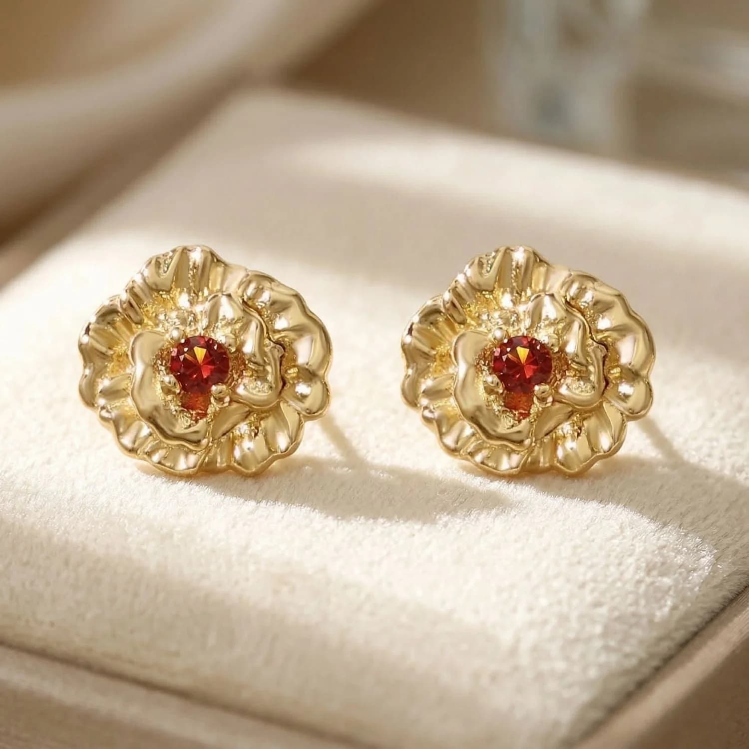 Garnet Carnation Birthflower Gold Plated Stud Earrings – image 1