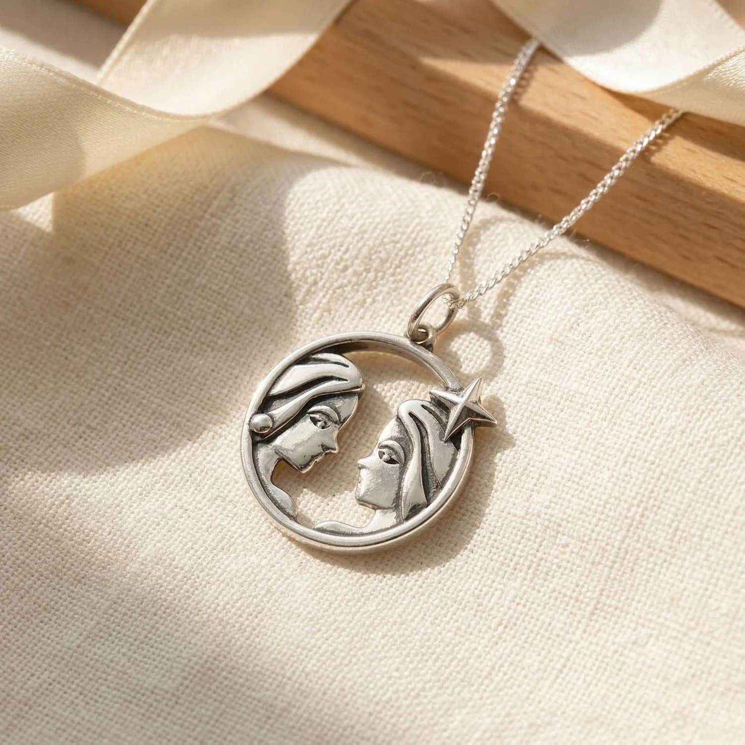 Gemini Zodiac Horoscope Charm Sterling Silver Necklace