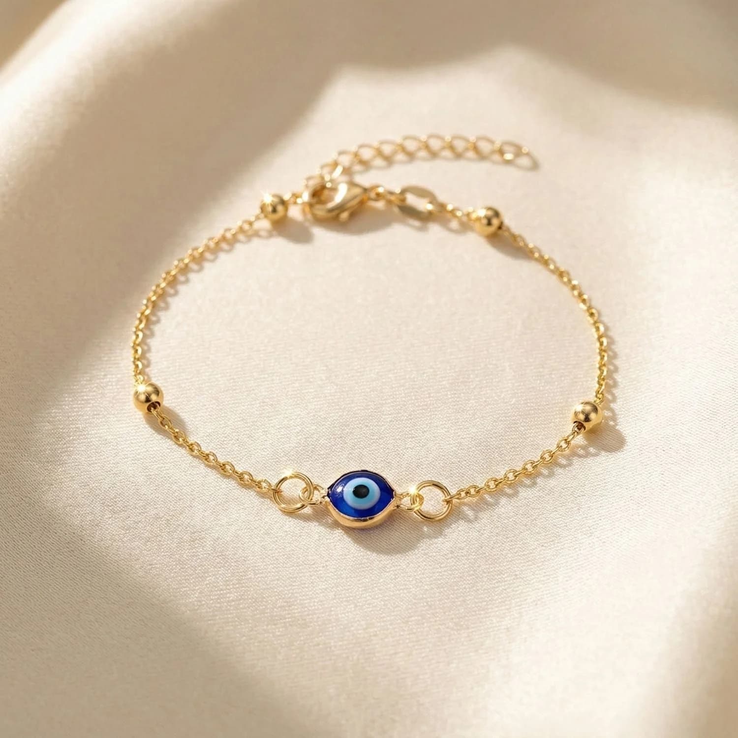Gold Plated Beaded Blue Evil Eye Protection Bracelet – image 1