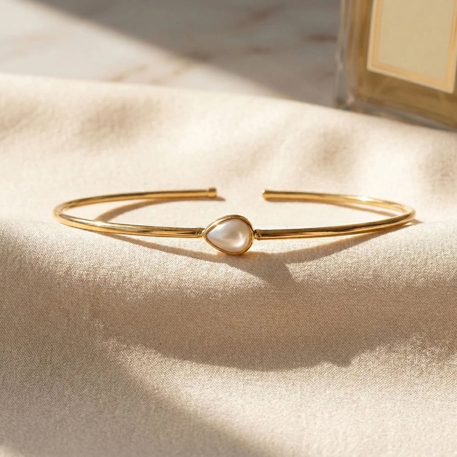 Gold Plated Minimalist Pearl June Birthstone Bangle – image 1