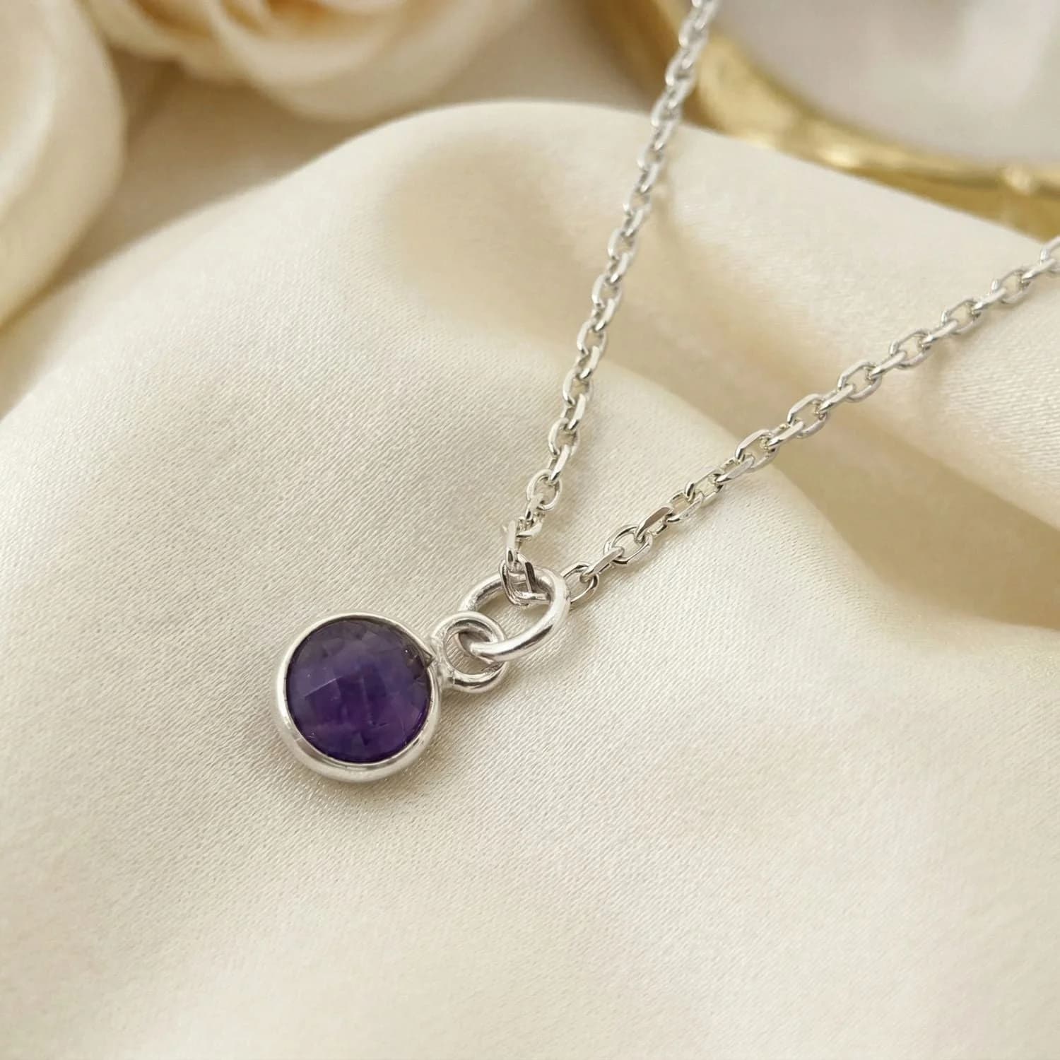 Mini Amethyst Charm February Birthstone Silver Necklace