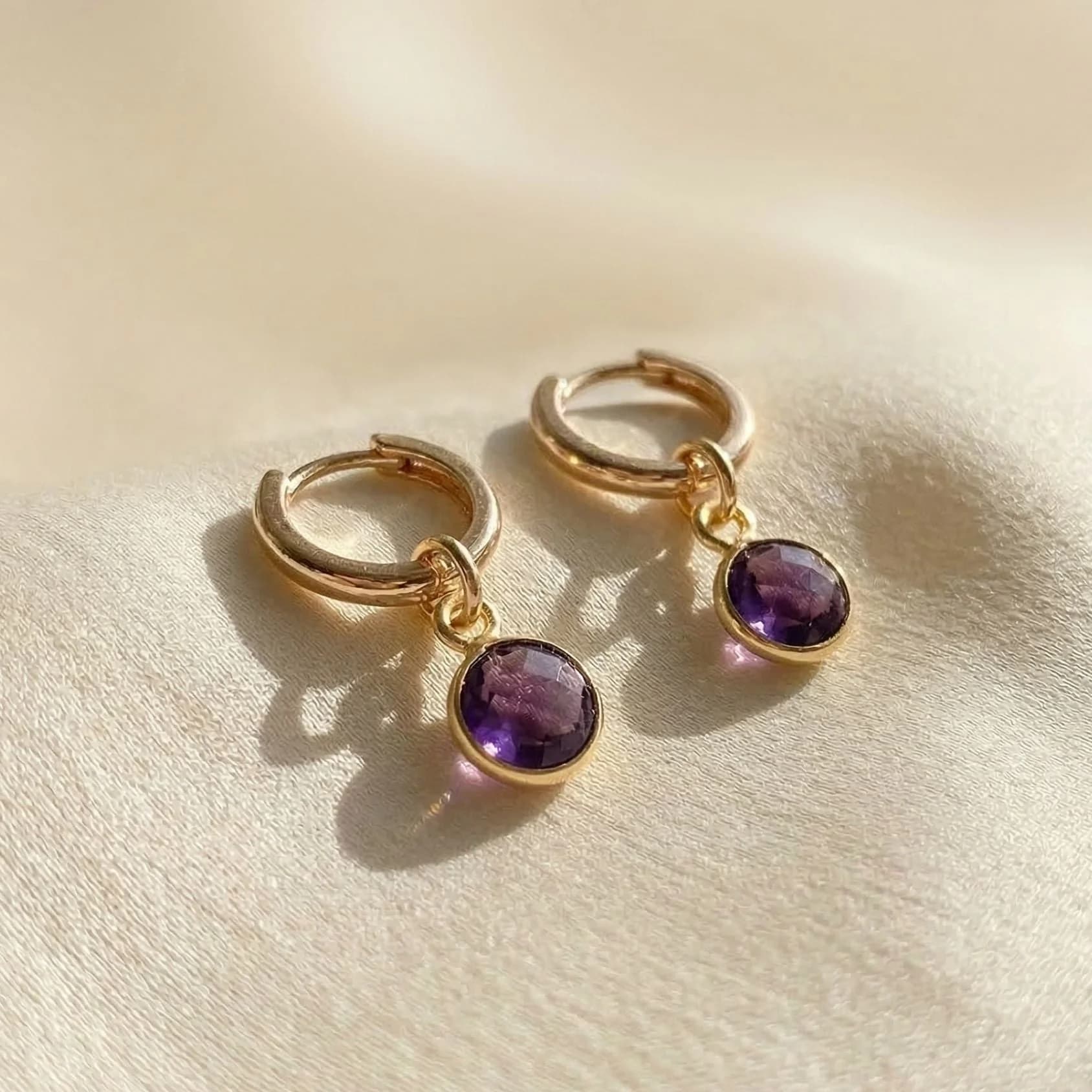 Mini Amethyst February Birthstone Gold Plated Huggies – image 1