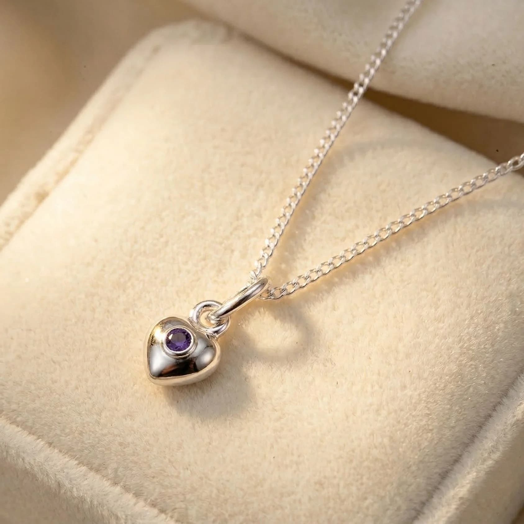 Mini Amethyst February Birthstone Heart Silver Necklace