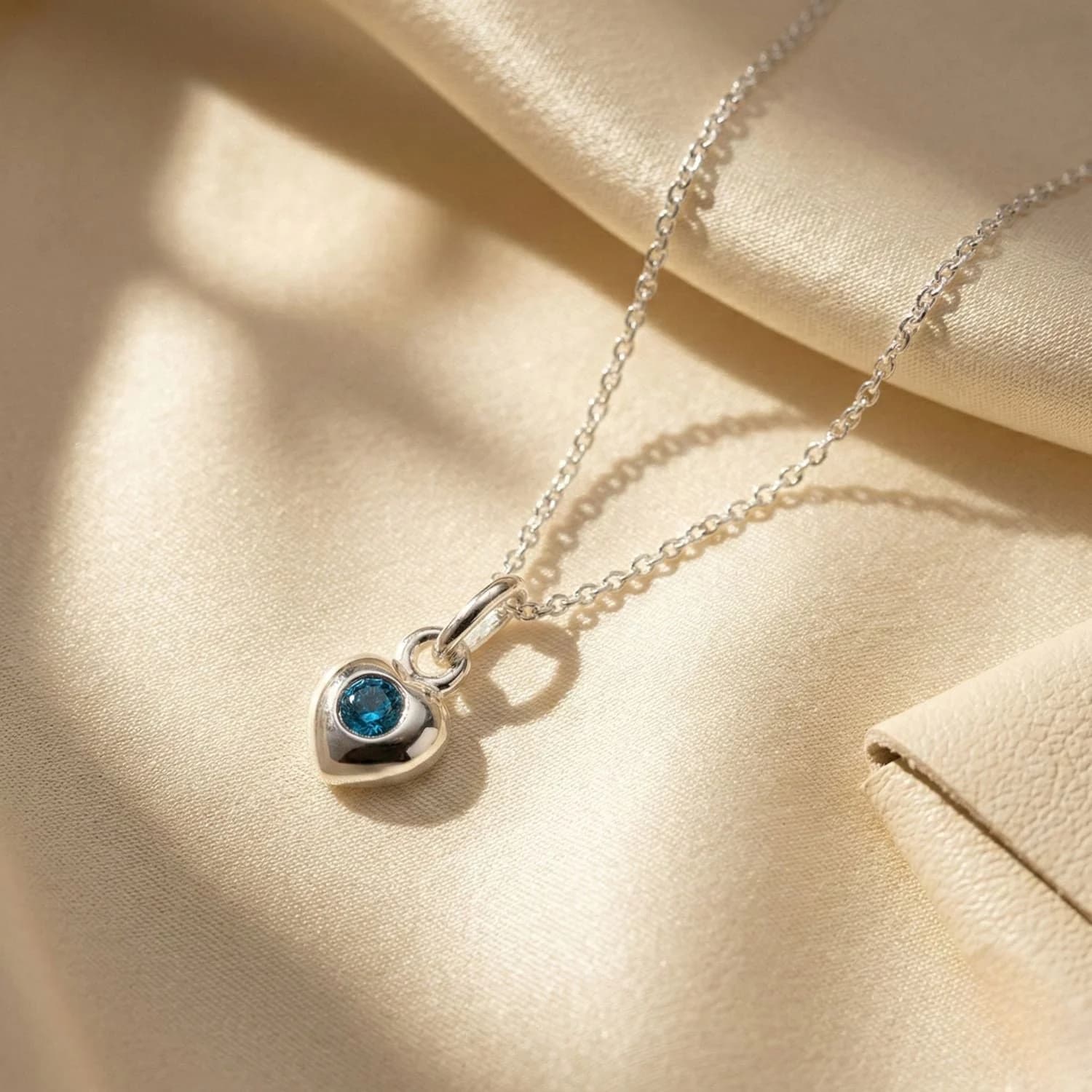 Mini Aquamarine March Birthstone Heart Silver Necklace