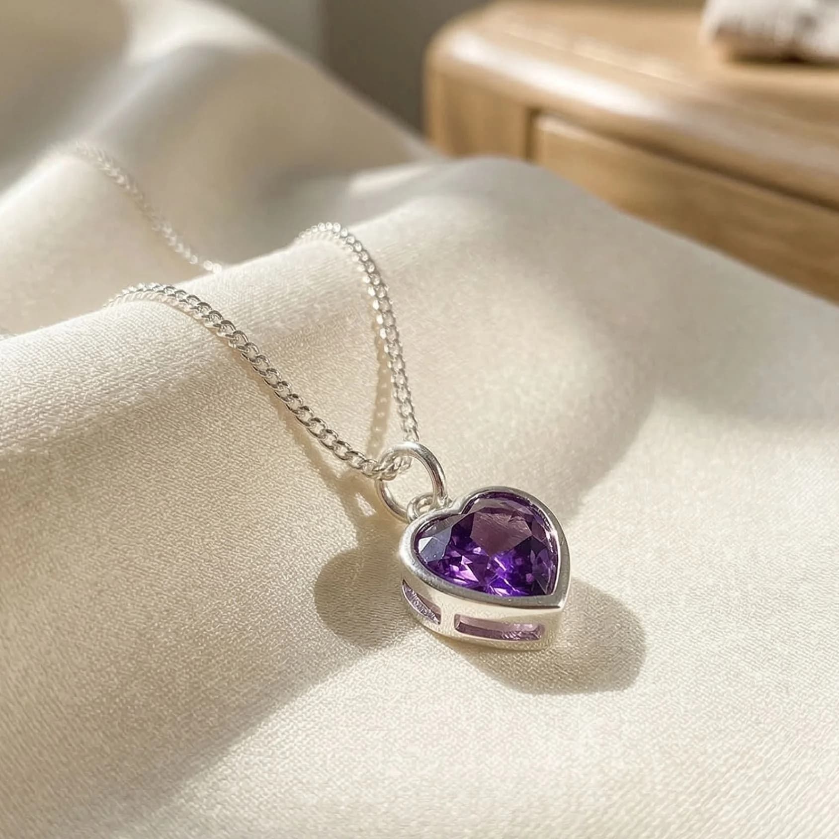 Mini Heart Silver Amethyst February Birthstone Necklace – image 1