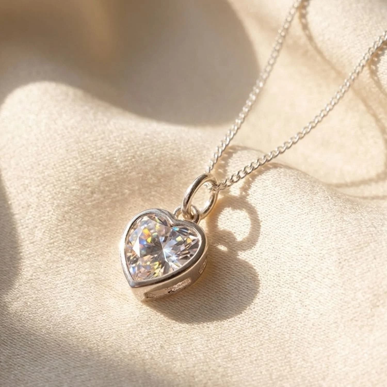 Mini Heart Silver Diamond April Birthstone Necklace
