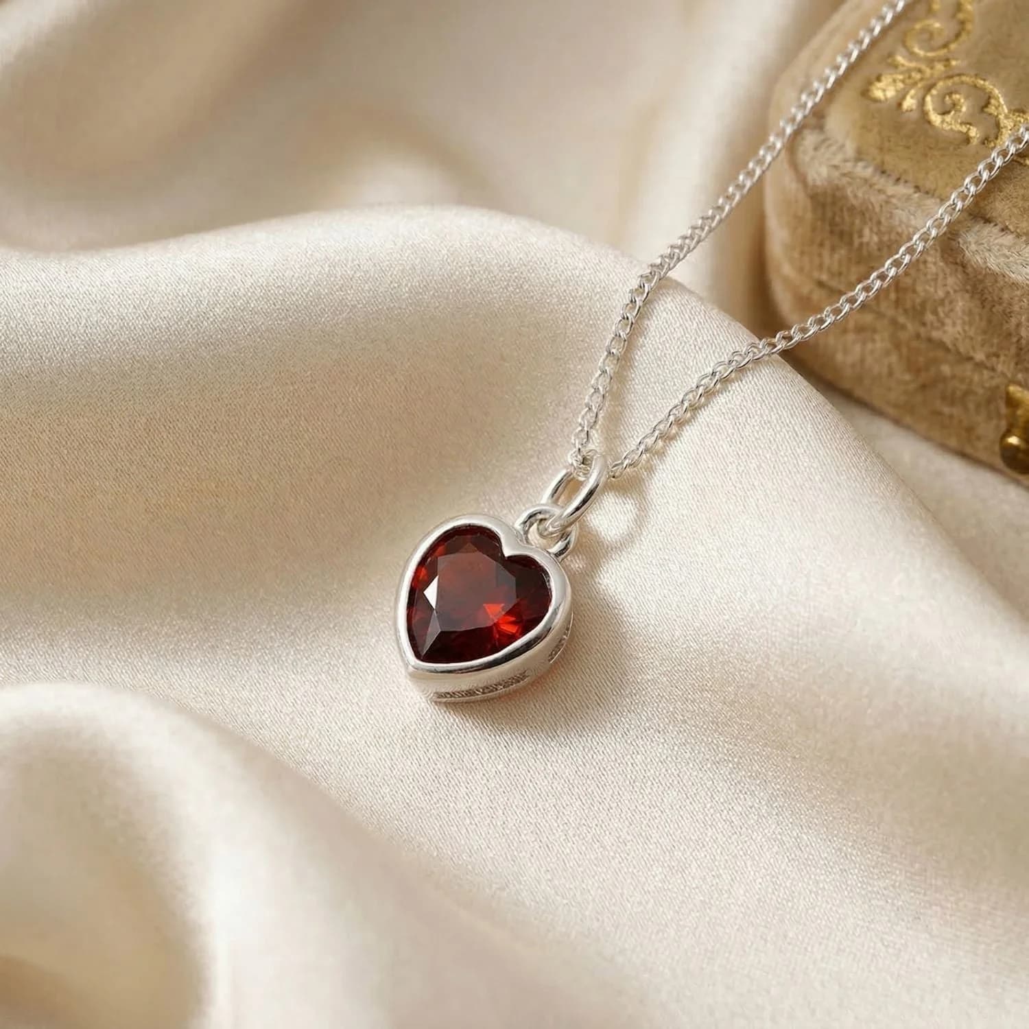 Mini Heart Silver Garnet January Birthstone Necklace – image 1