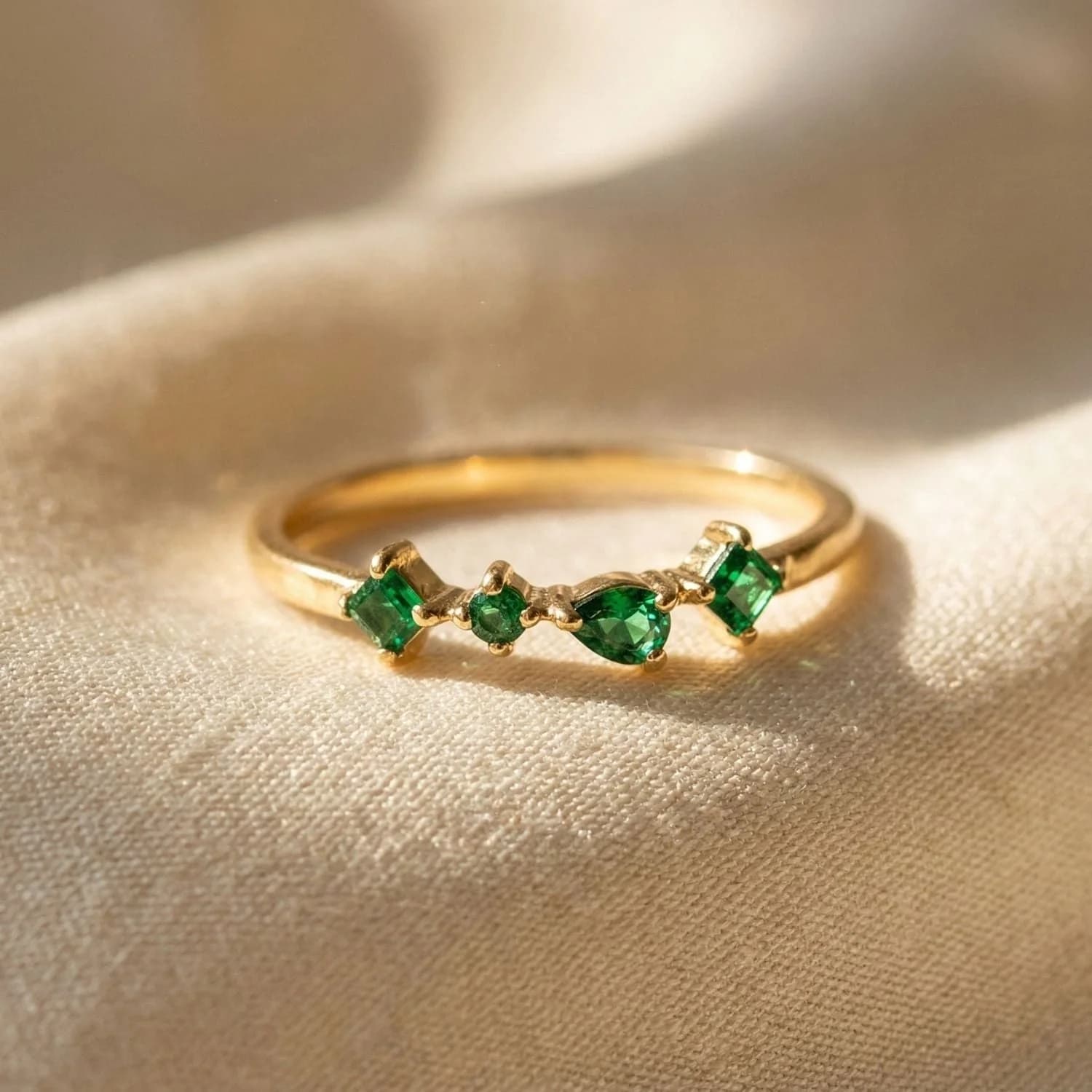 Minimalist Emerald Gemstone May Birthstone Adjustable Gold Vermeil Ring