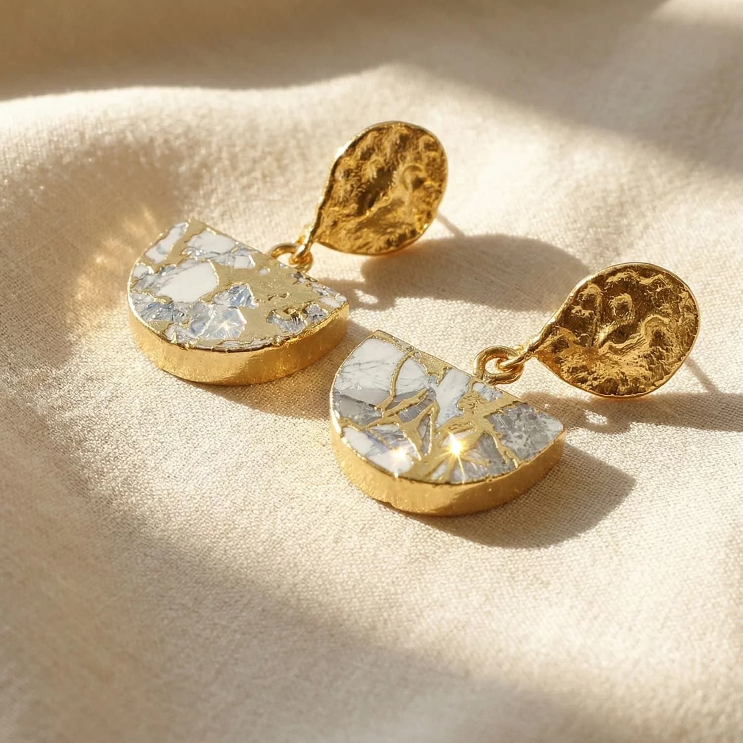 Moonstone June Birthstone Statement Hammered Gold Plated Earrings – image 1
