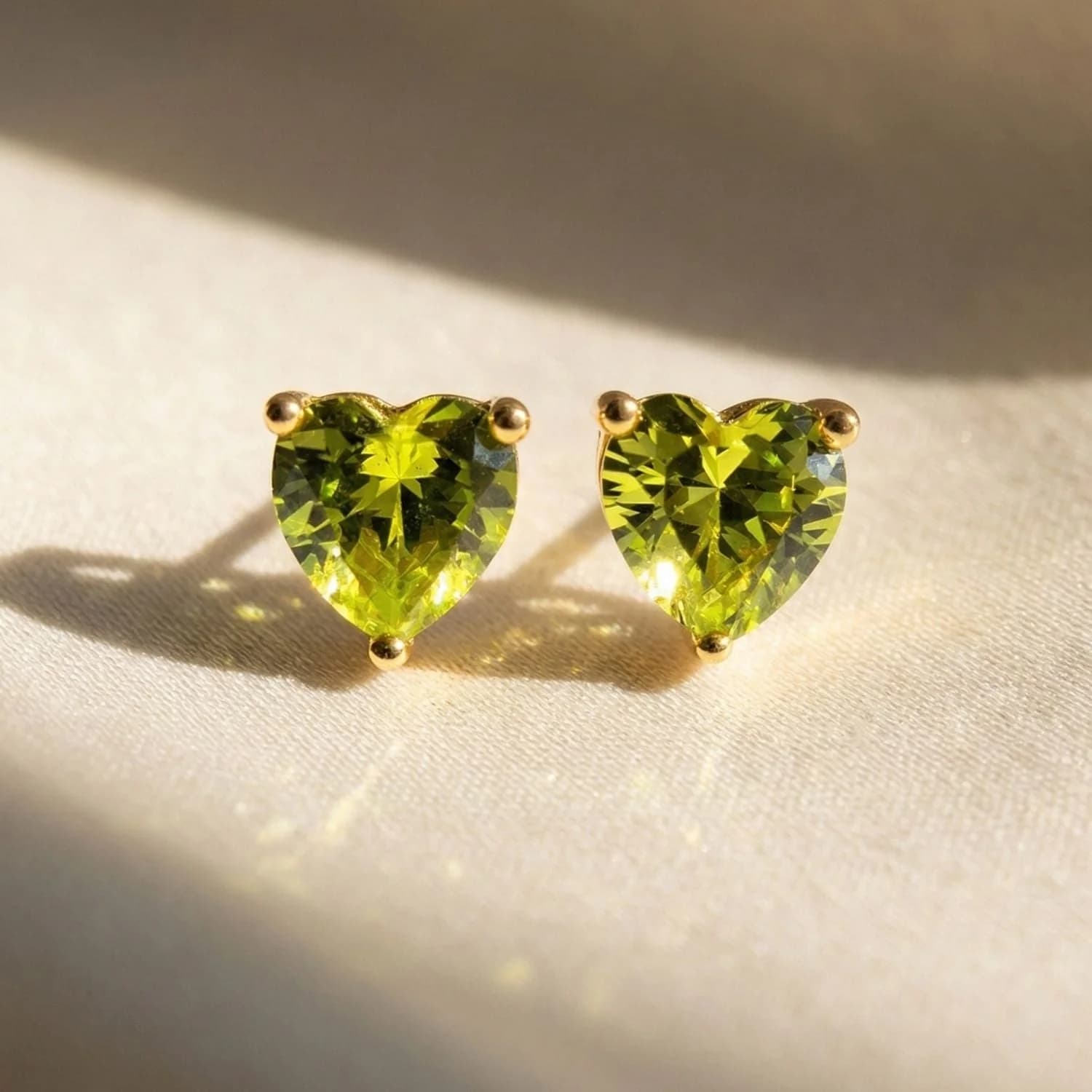 Peridot Heart August Birthstone Stud Earrings