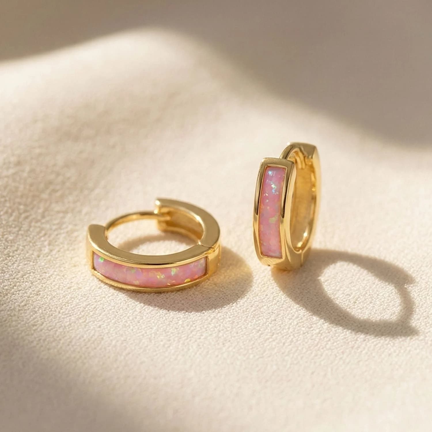 Pink Opal Inlay Huggie Hoop Gold Plated Earrings – image 1