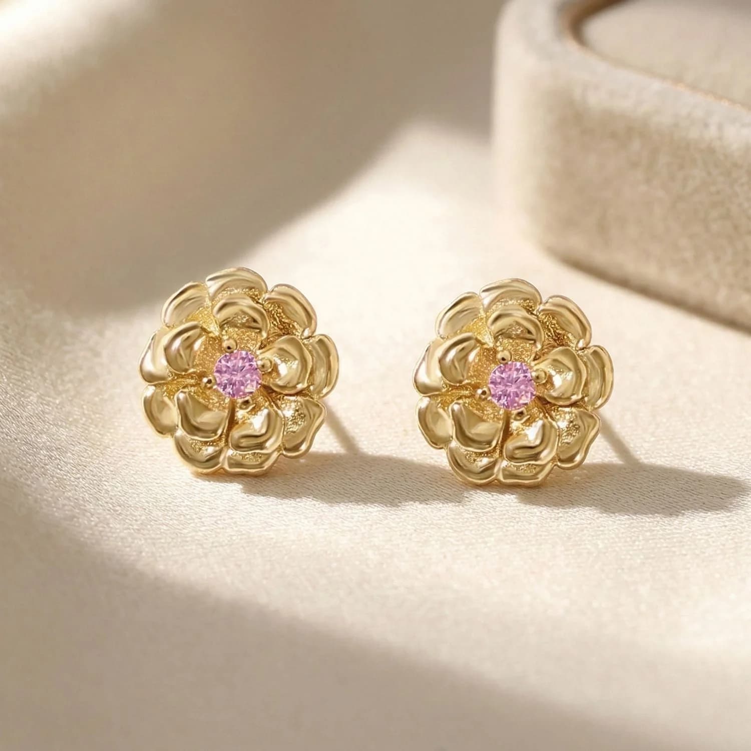 Pink Toumaline October Birthstone Marigold Birthflower Gold Plated Stud Earrings