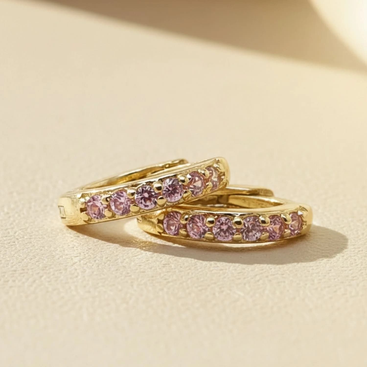 Pink Tourmaline October Birthstone Huggie Gold Plated Hoop Earrings – image 1