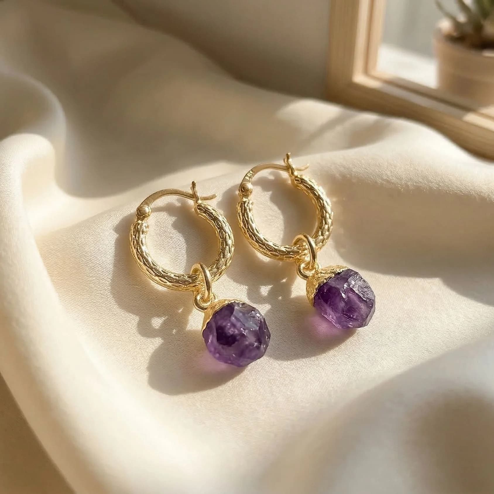 Raw Amethyst Huggie Hoop Earrings in Gold Vermeil – image 1