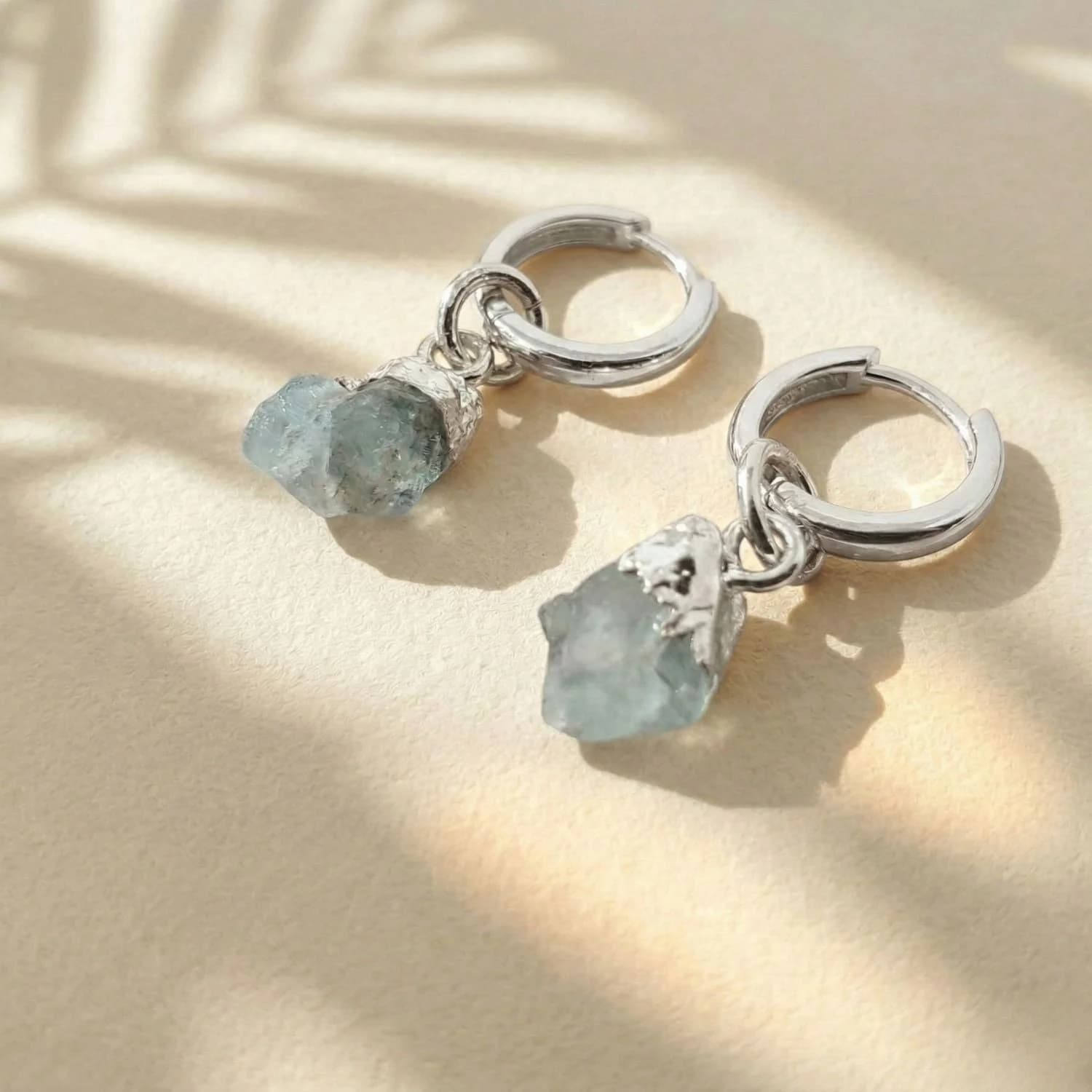 Sterling Silver Raw Aquamarine March Birthstone Huggies