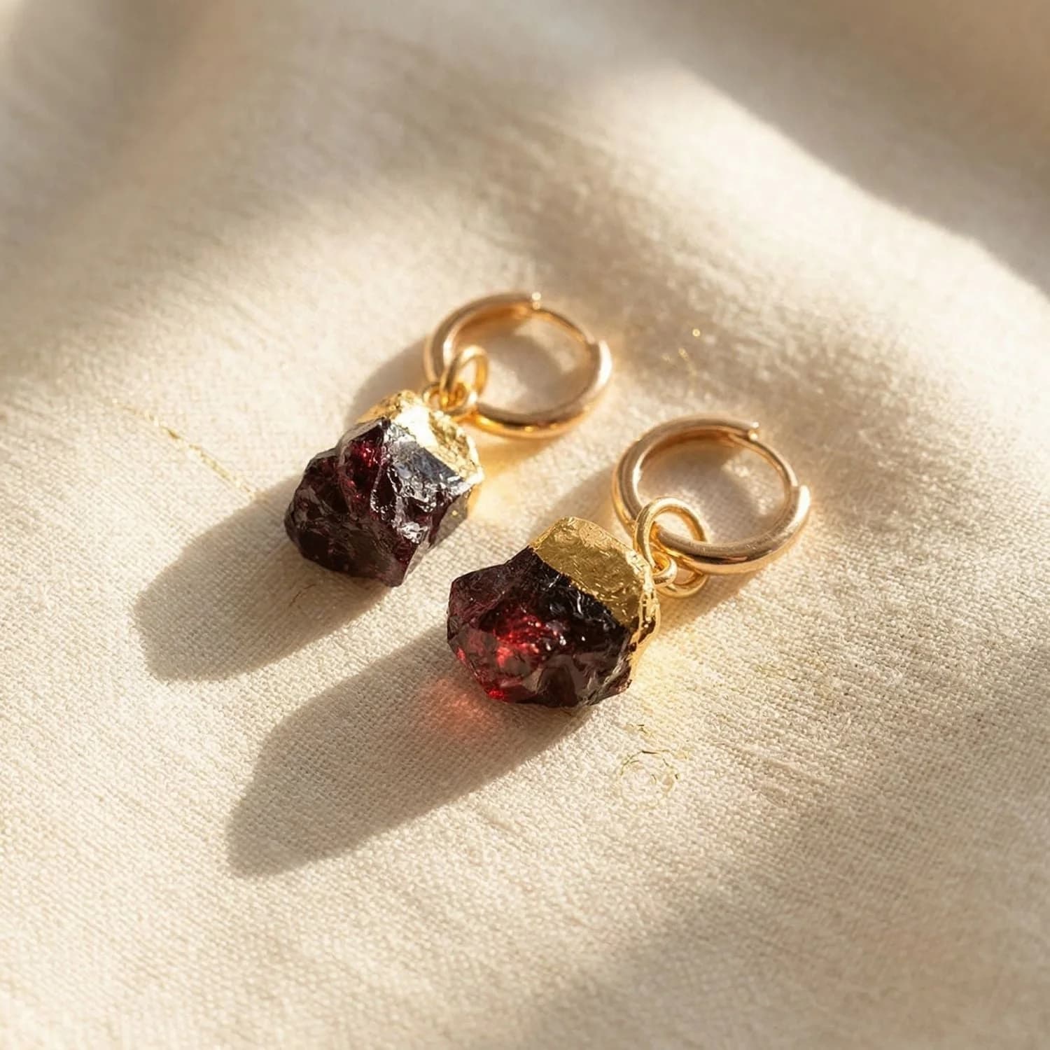 Raw Garnet January Birthstone Gold Plated Huggies