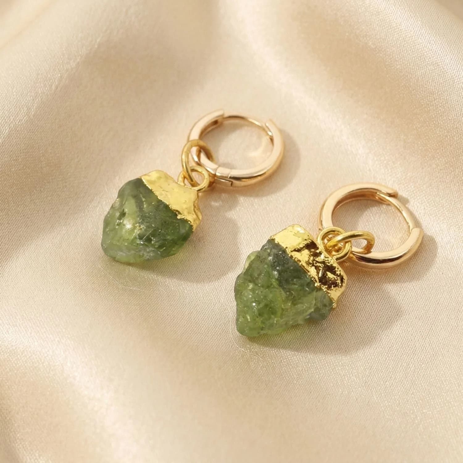 Raw Peridot August Birthstone Gold Plated Huggies