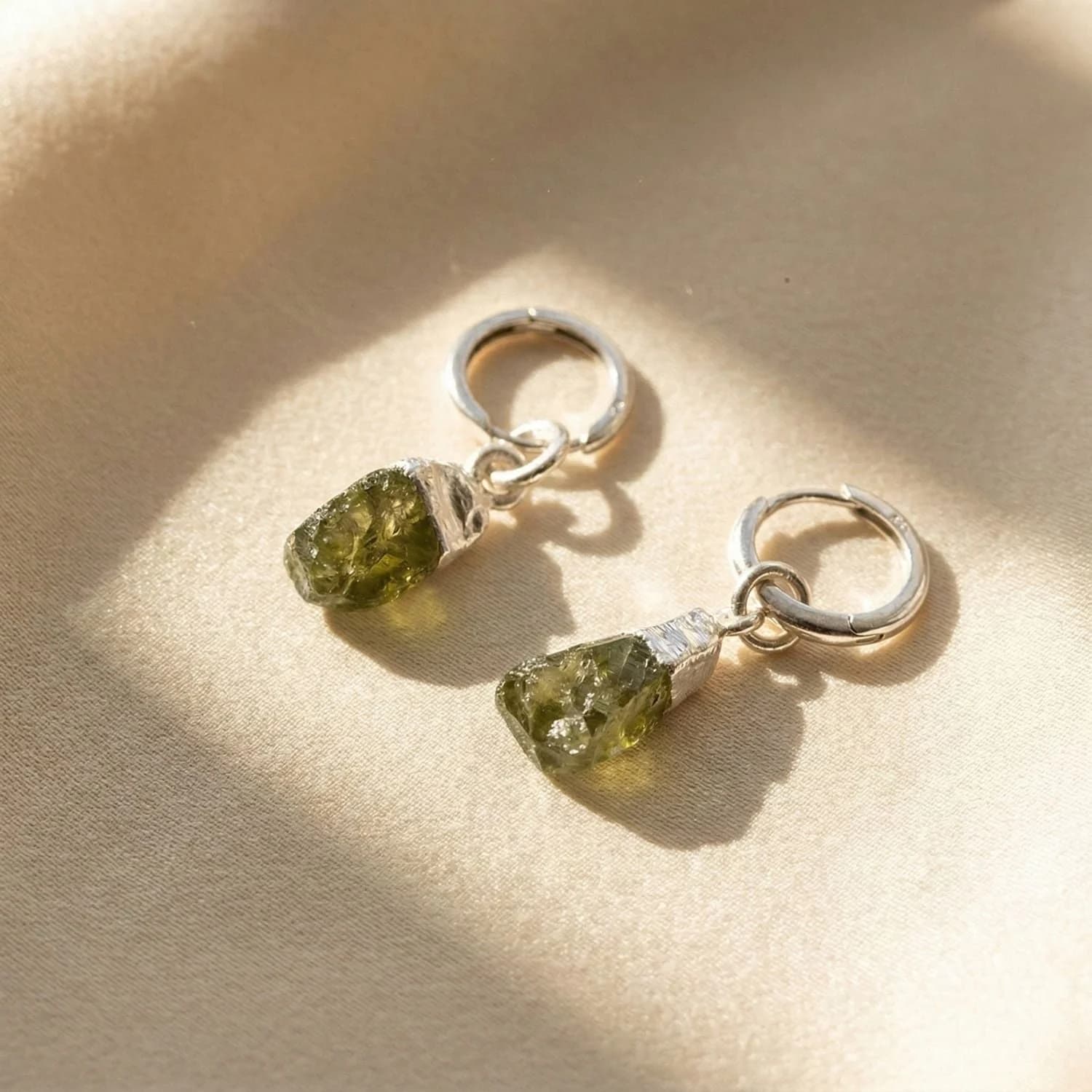 Raw Peridot Sterling Silver Round Huggies