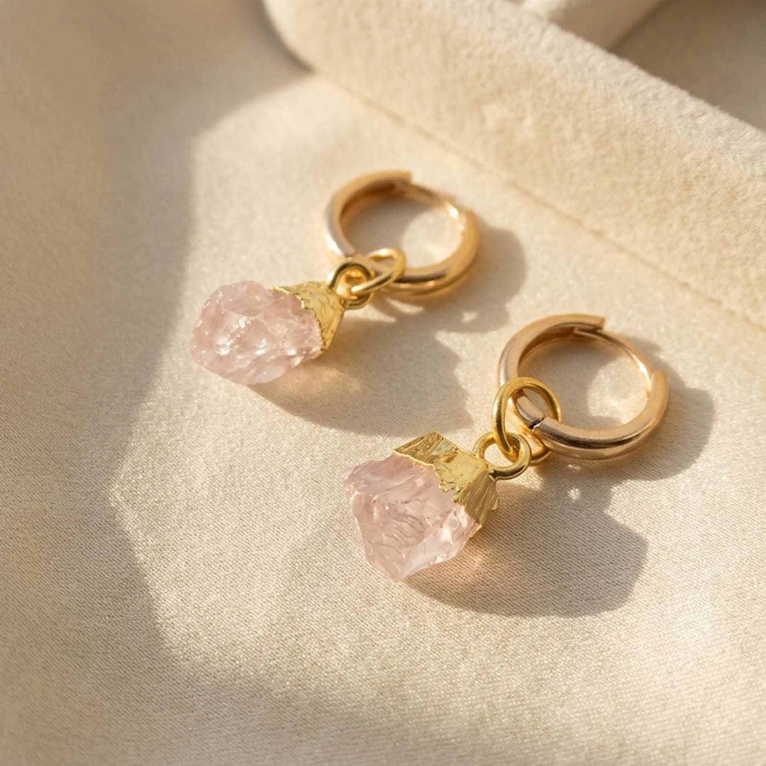 Raw Rose Quartz October Birthstone Gold Plated Huggies