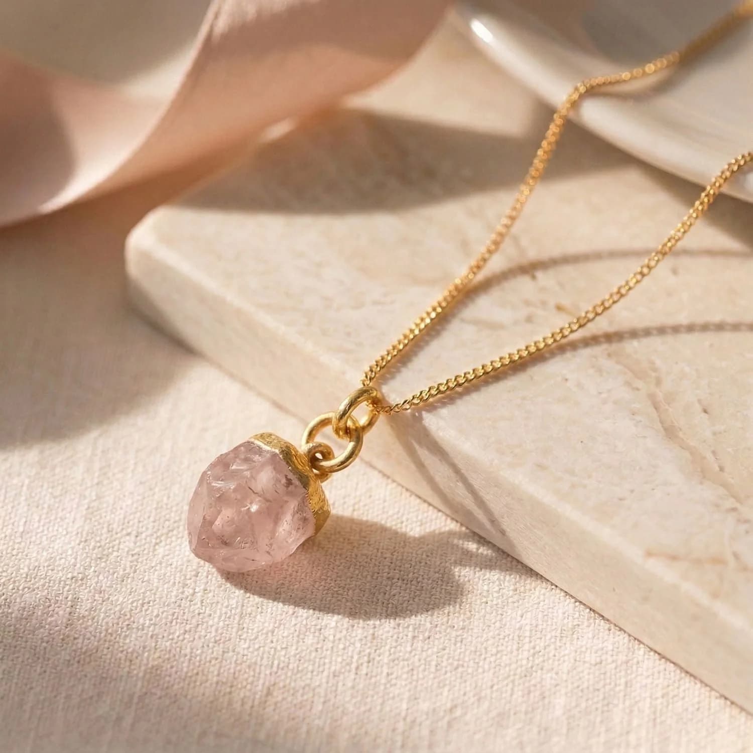 Raw Rose Quartz October Birthstone Gold Plated Necklace – image 1
