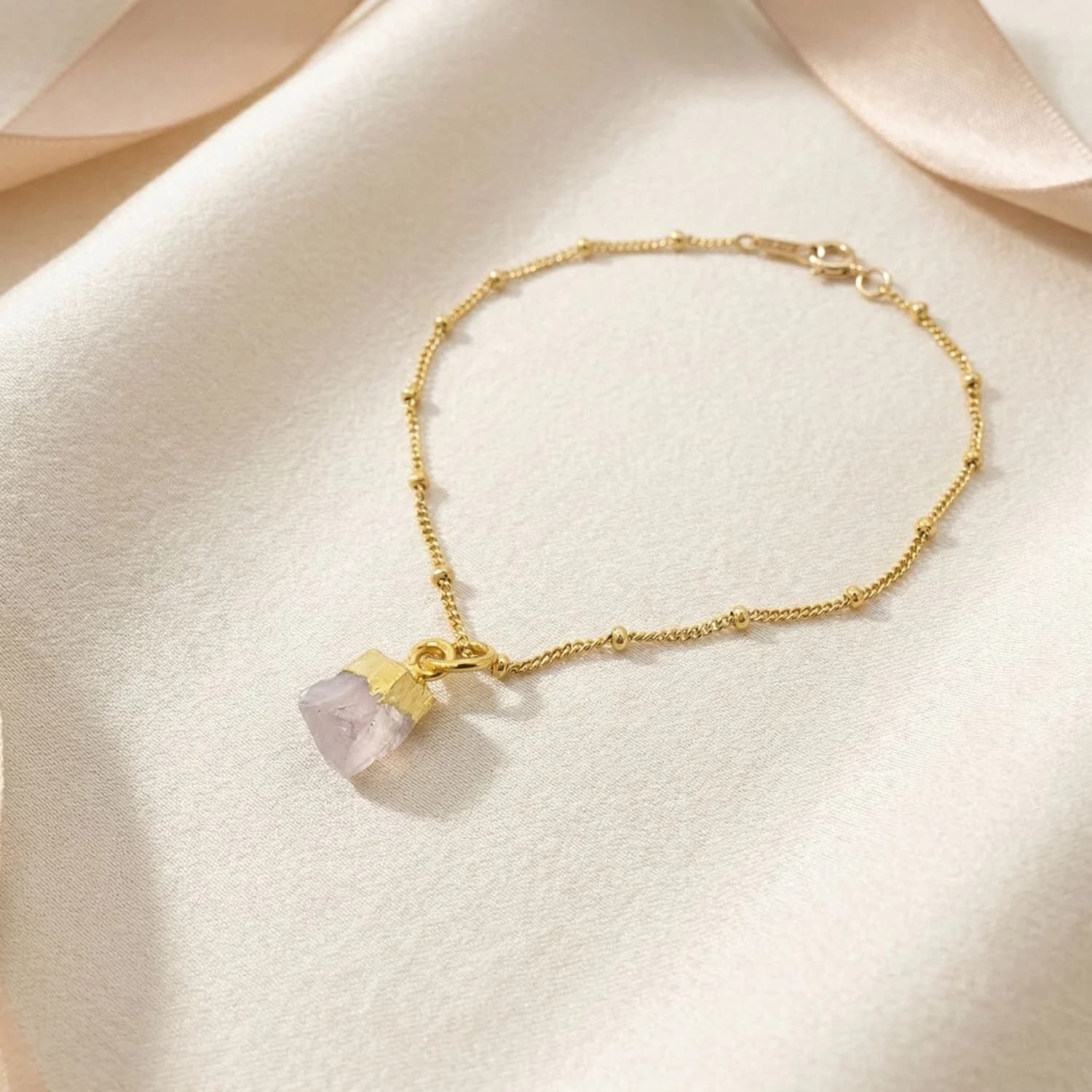 Raw Rose Quartz October Birthstone Satellite Bracelet